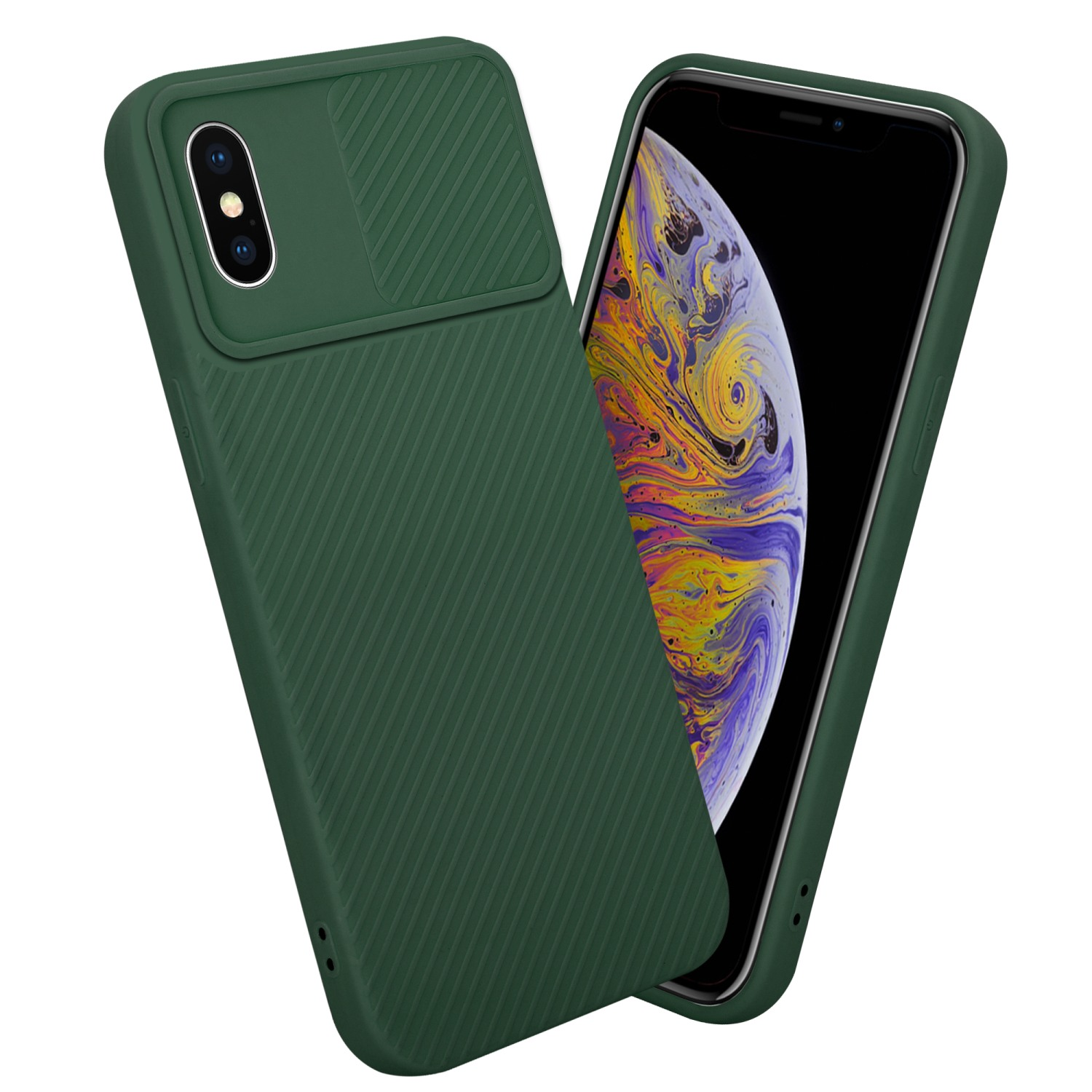 Grüne Handyhülle mit Kameraabdeckung. Das Telefon ist drin. Der Hintergrund ist unscharf.