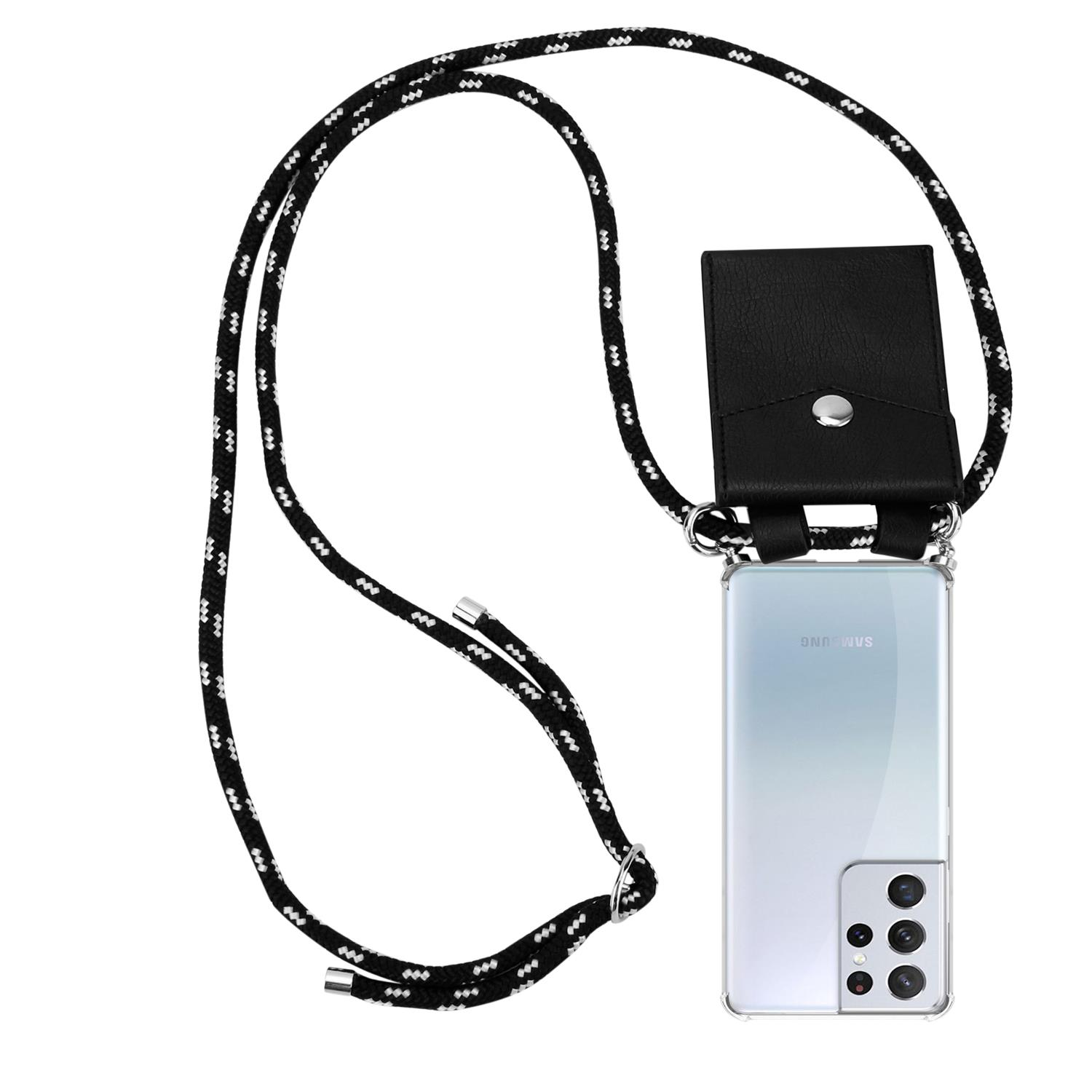Telefon mit schwarz-weißem Lanyard, schwarzer Hülle. Isoliert auf Weiß.