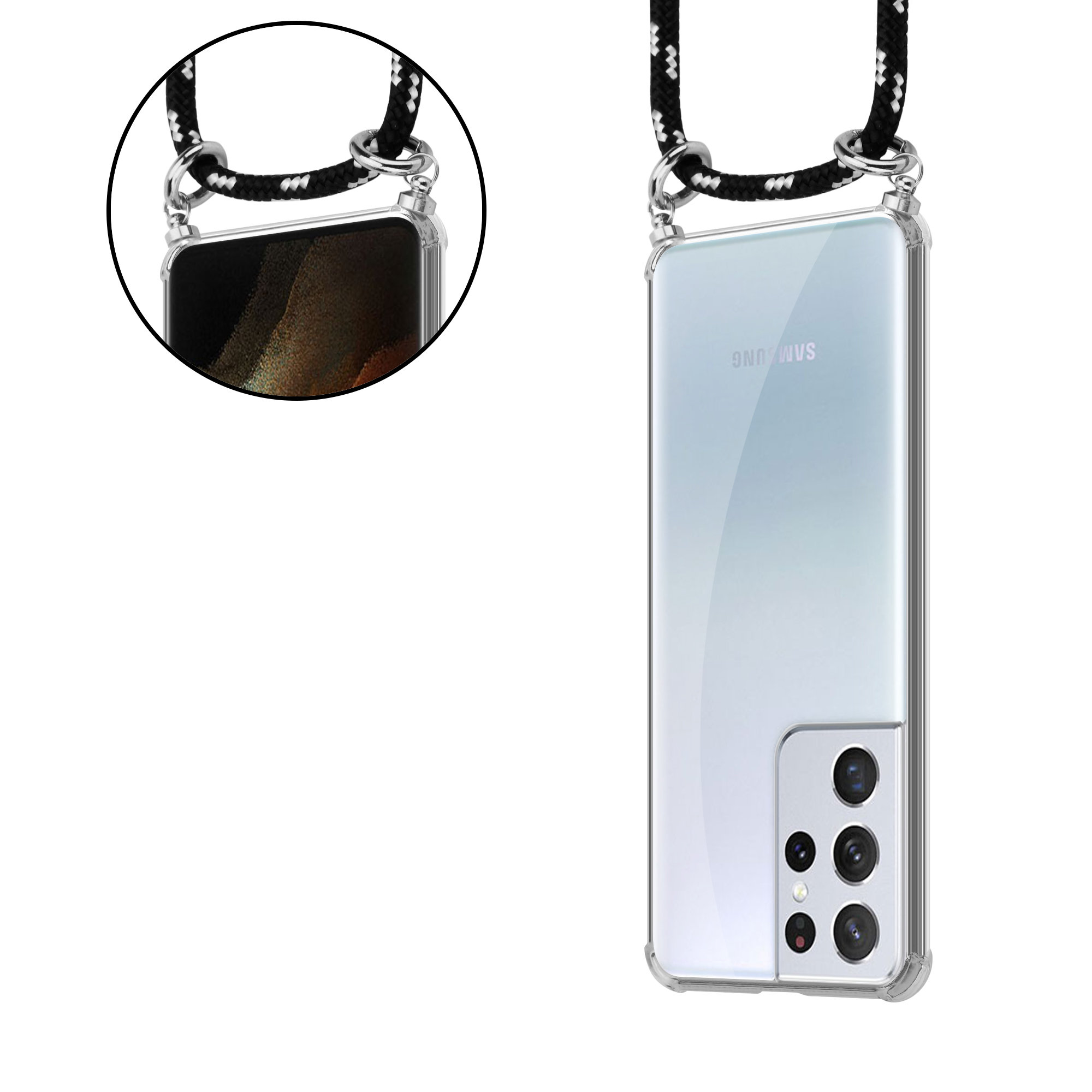 Transparente Handyhülle mit Schlüsselband. Telefon ist in der Hülle. Schwarz-weißes Schlüsselband.