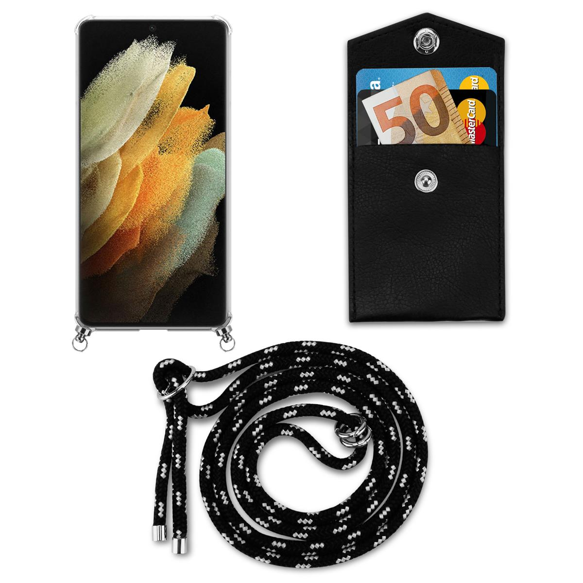 Un telefono con un cordino, un piccolo portafoglio con carte e contanti, il tutto su sfondo bianco.