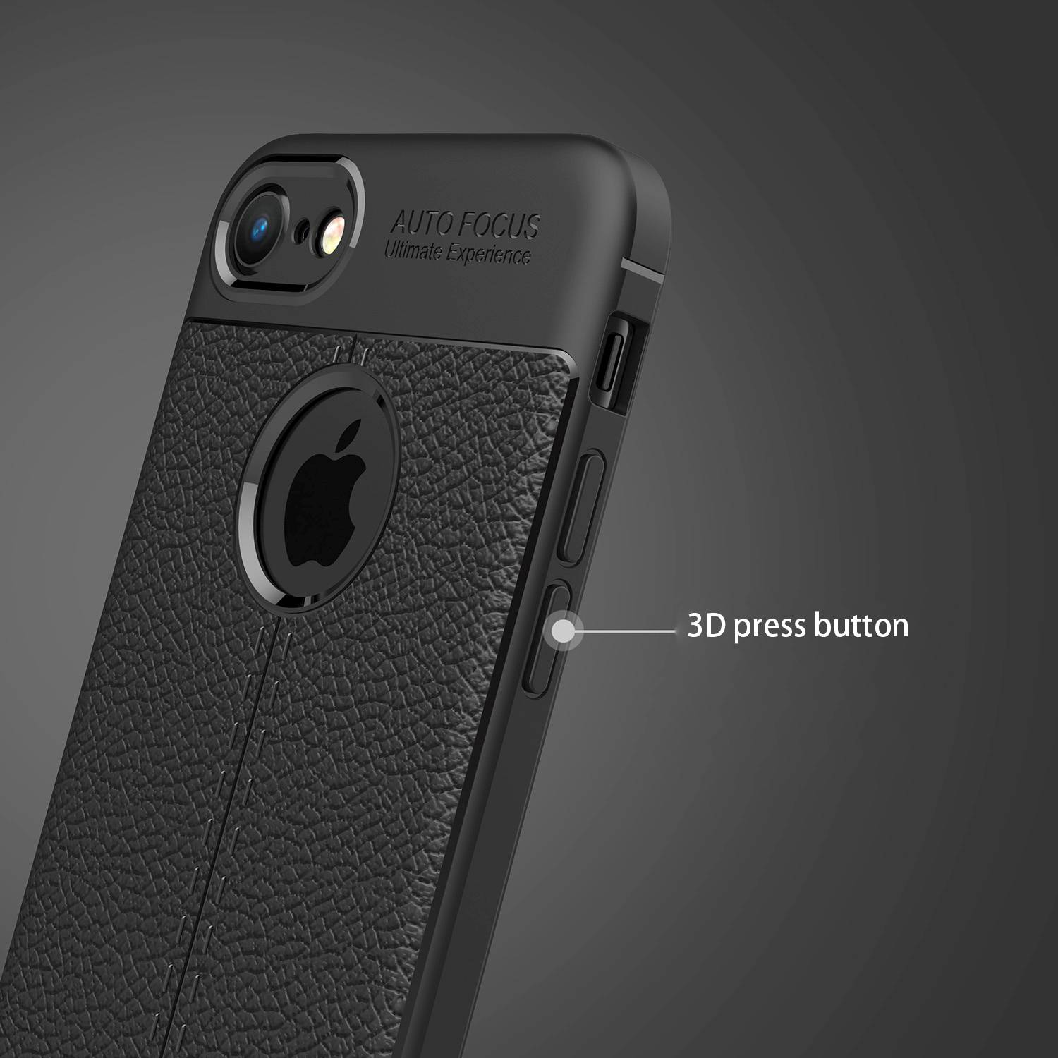 Schwarze Handyhülle auf schwarzem Hintergrund. Das Telefon hat ein Apple-Logo.