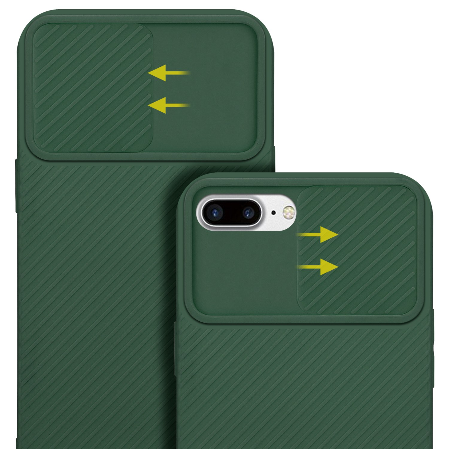 Zwei grüne Handyhüllen mit verschiebbaren Kameraabdeckungen werden gezeigt. Pfeile zeigen die Bewegung der Abdeckung an. Das Telefon ist nicht sichtbar.
