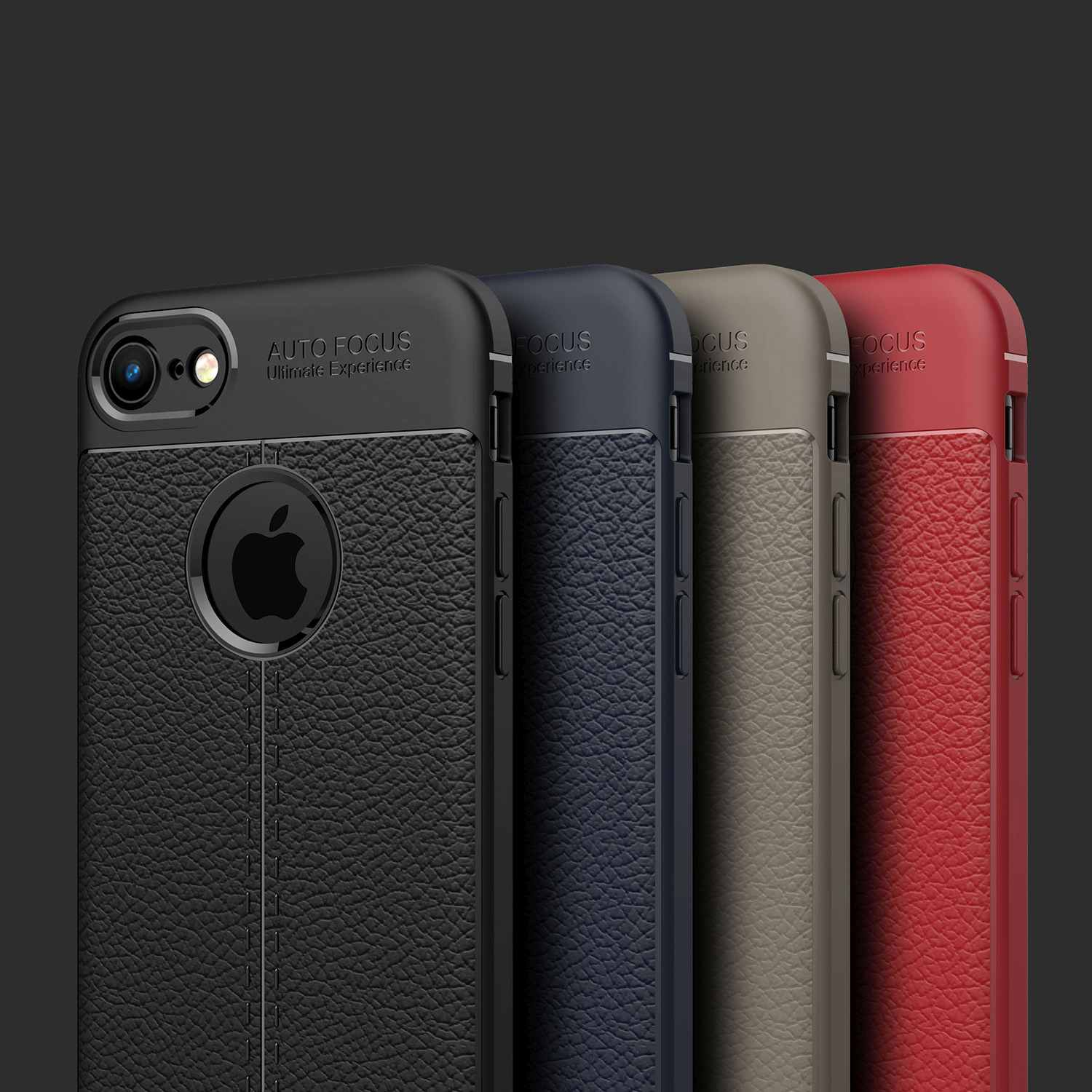 Vier Handyhüllen in verschiedenen Farben: Schwarz, Marineblau, Grau und Rot, mit Apple-Logo-Detail.