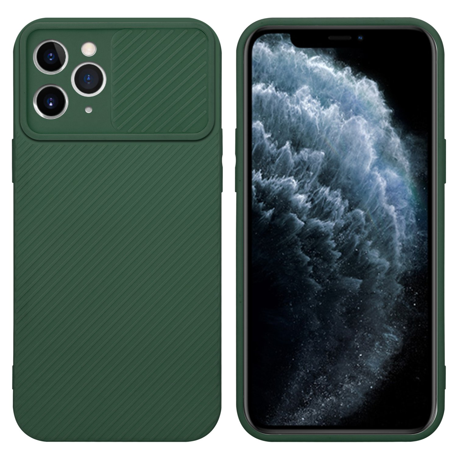 Grüne Handyhülle mit Telefon. Die Hülle hat einen Kameraschutz.