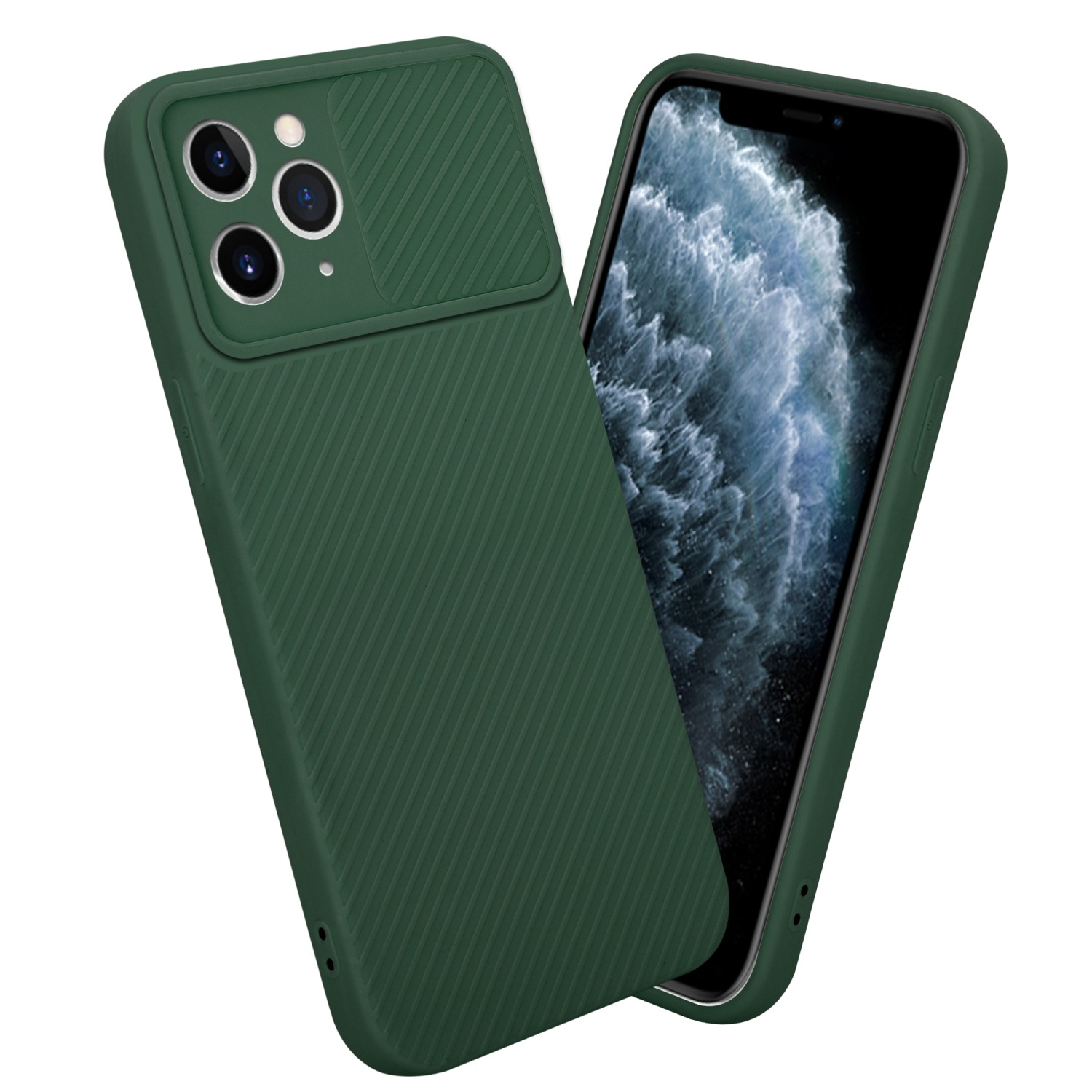 Grüne Handyhülle. Die Hülle bedeckt das gesamte Telefon mit Ausnahme des Bildschirms. Die Hülle hat eine Kameraabdeckung.