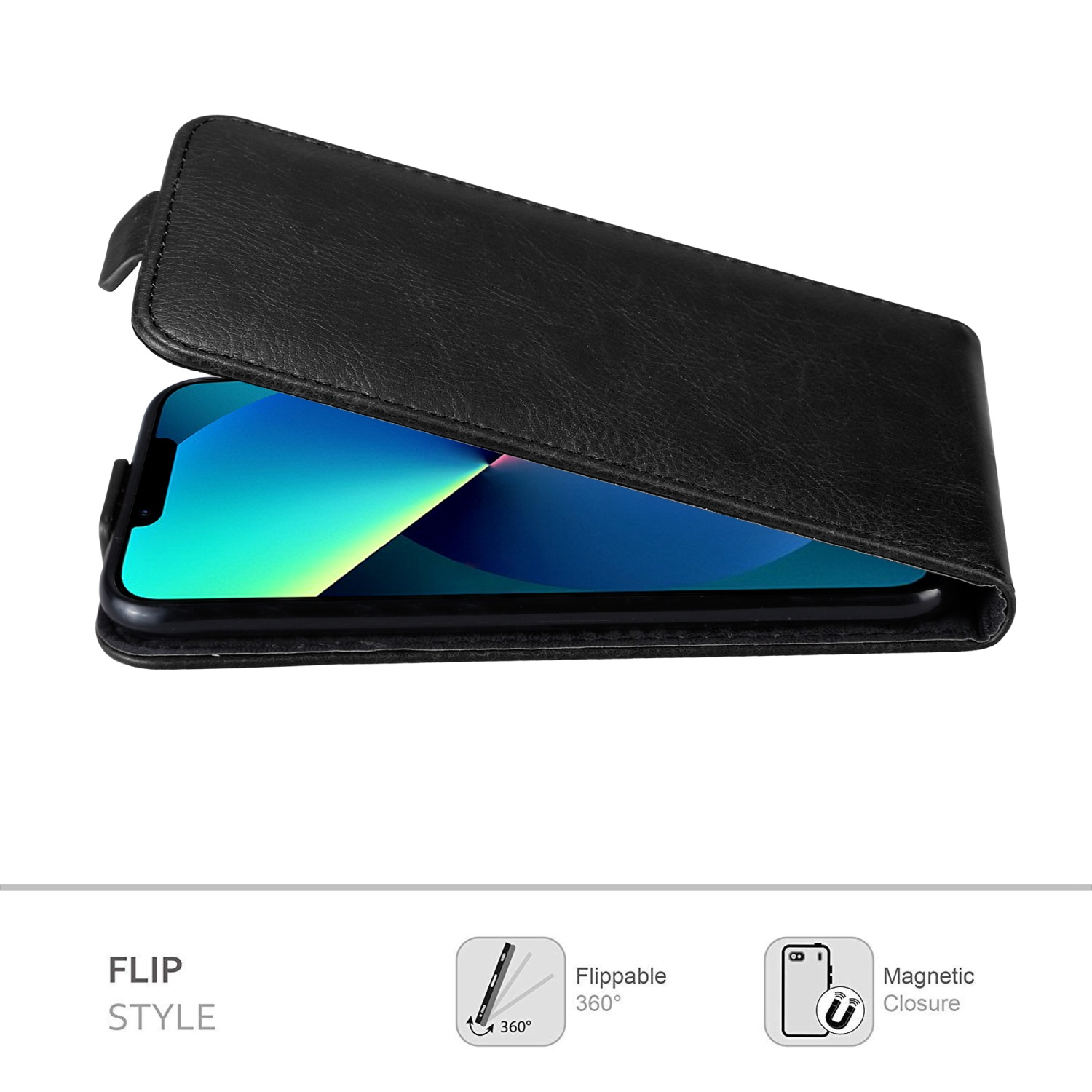 Schwarze Handyhülle geöffnet, Telefon sichtbar. Flip-Style- und Magnetverschluss-Symbole vorhanden.