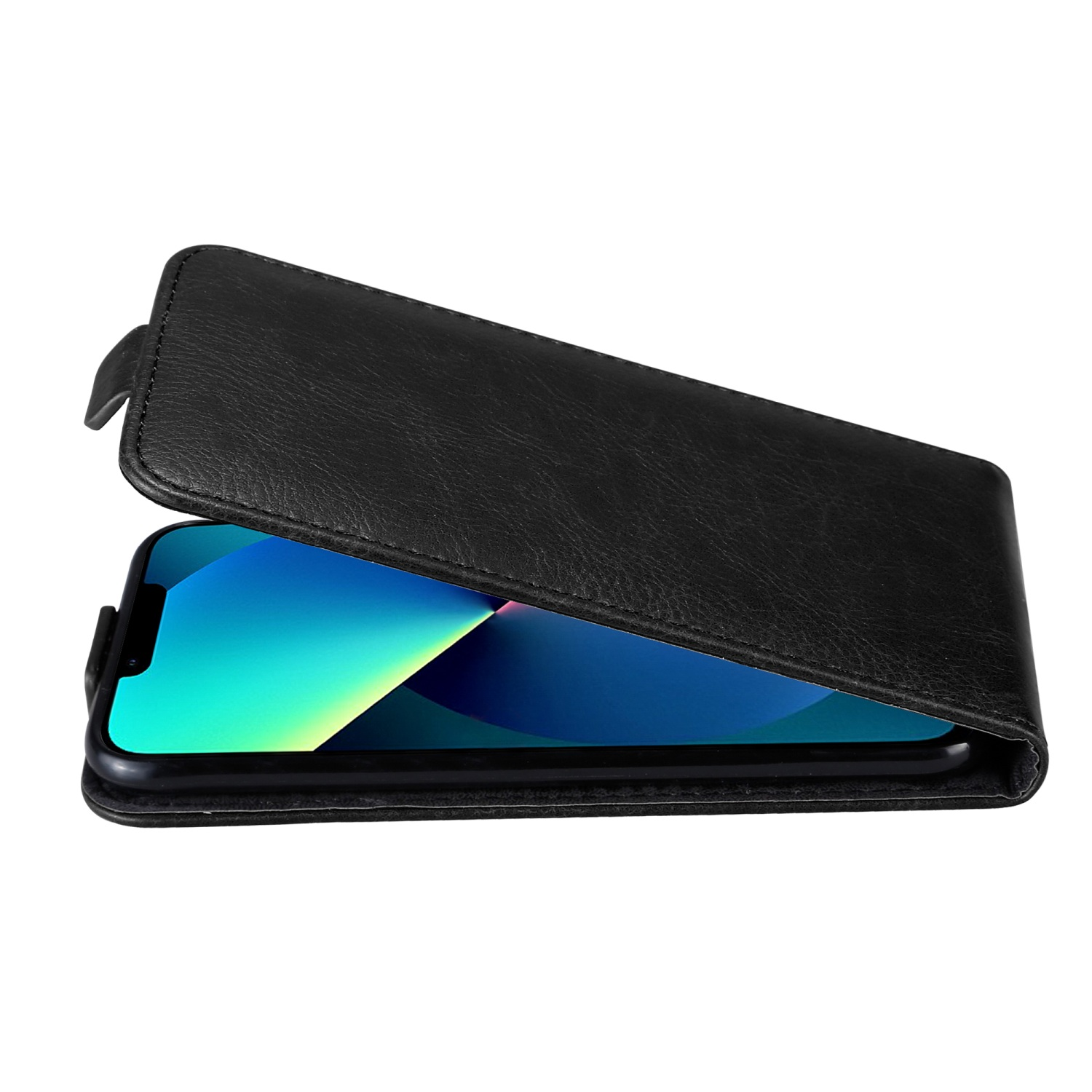 Schwarze Leder-Handyhülle, geöffnet, um ein Telefon zu zeigen.