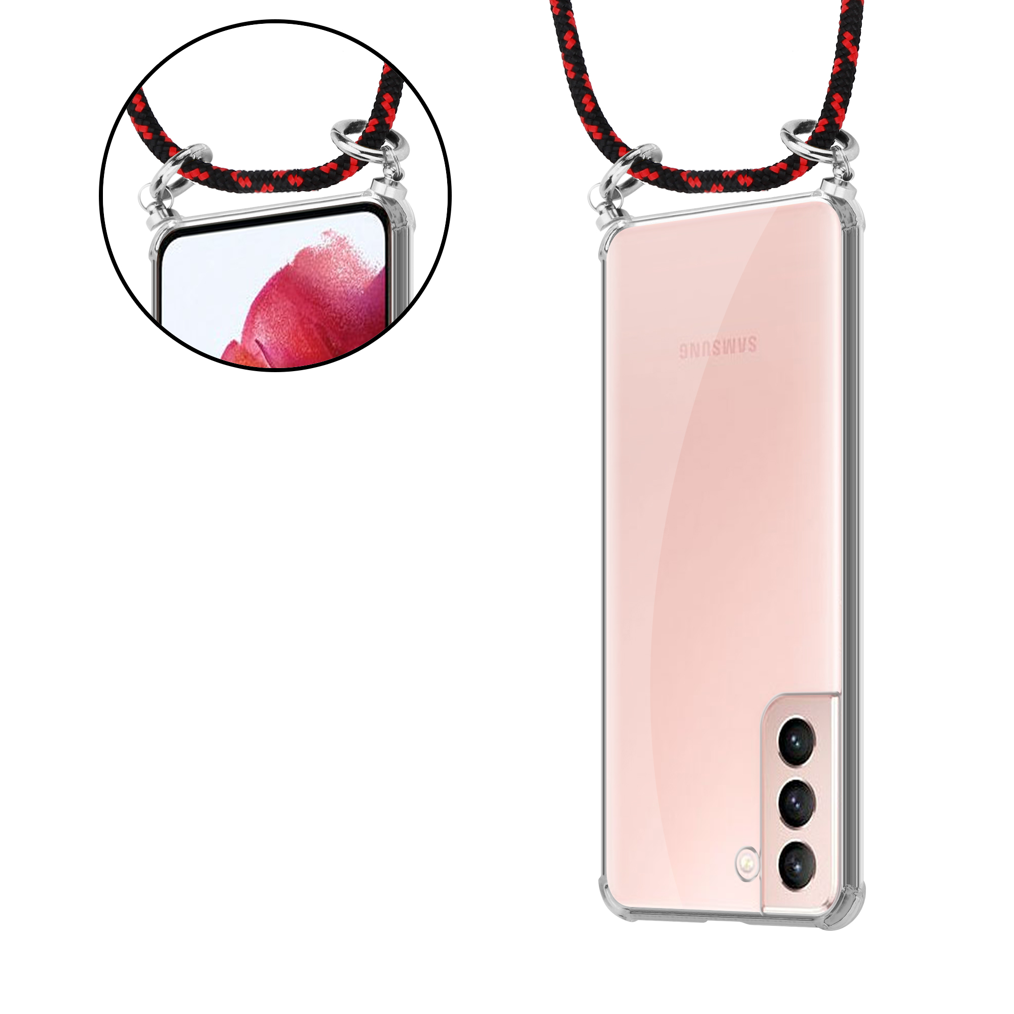 Telefon mit klarer Hülle und rotem/schwarzem Umhängeband. Nahaufnahme des Telefons.