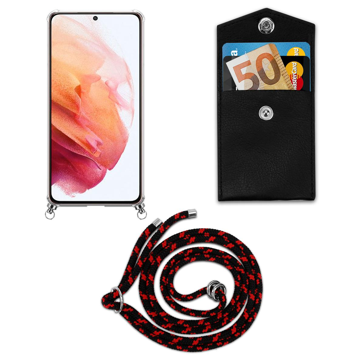 Telefon, schwarz-rotes Handykabel und schwarzes Portemonnaie mit Karten auf weißem Grund.