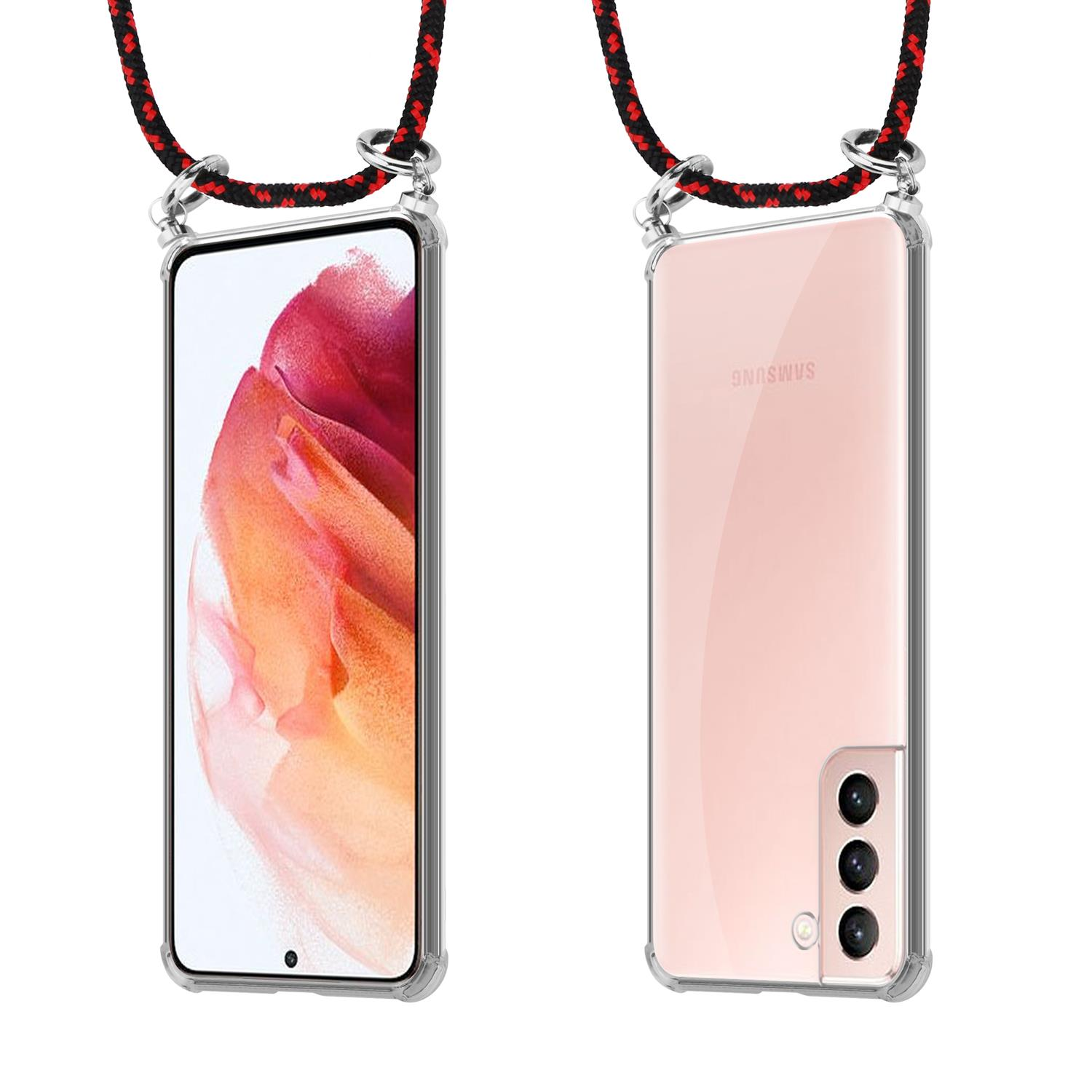 Zwei Ansichten eines Telefons in einer durchsichtigen Hülle mit einem rot/schwarzen Kabel. Eine Seite zeigt den Bildschirm, die andere die Rückseite.