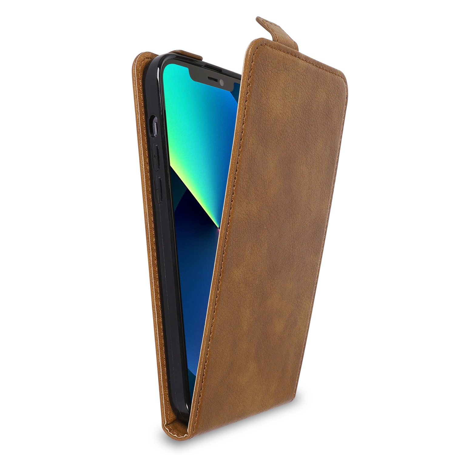 Braune Leder-Handyhülle, offen, zeigt ein Telefon. Die Hülle öffnet sich von unten.