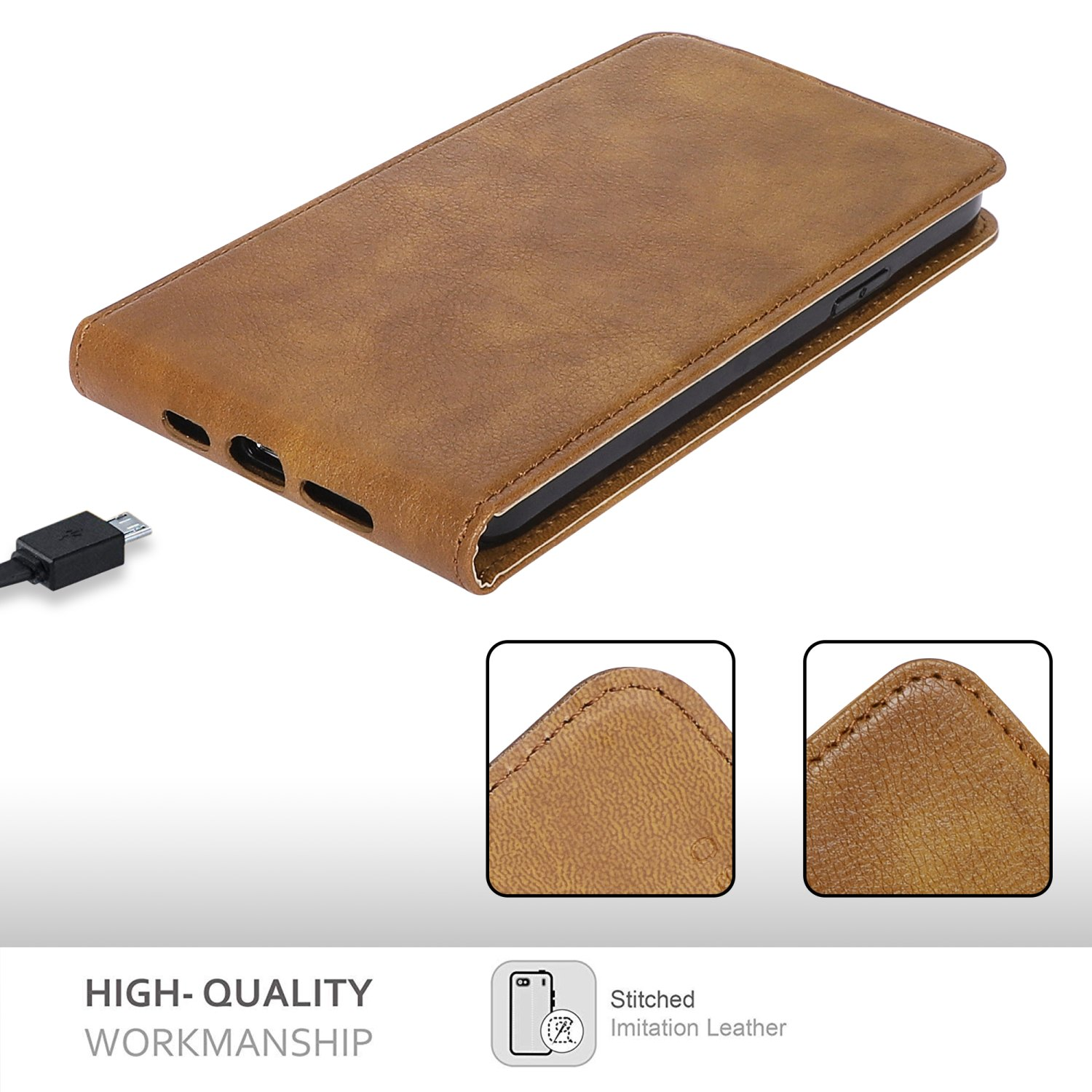 Eine braune Handyhülle ist geöffnet und zeigt ein Telefon mit Ladekabel.