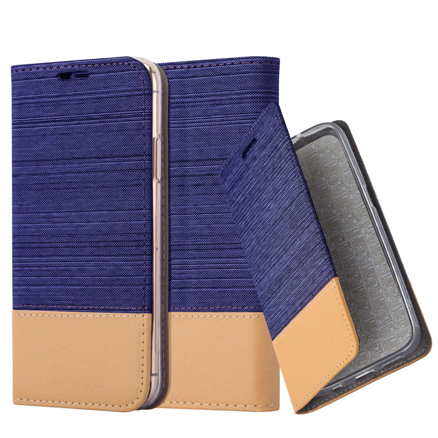 Handyhülle, blau und beige. Telefon innen. Geöffnet mit beigem Leder und blauem Stoff.