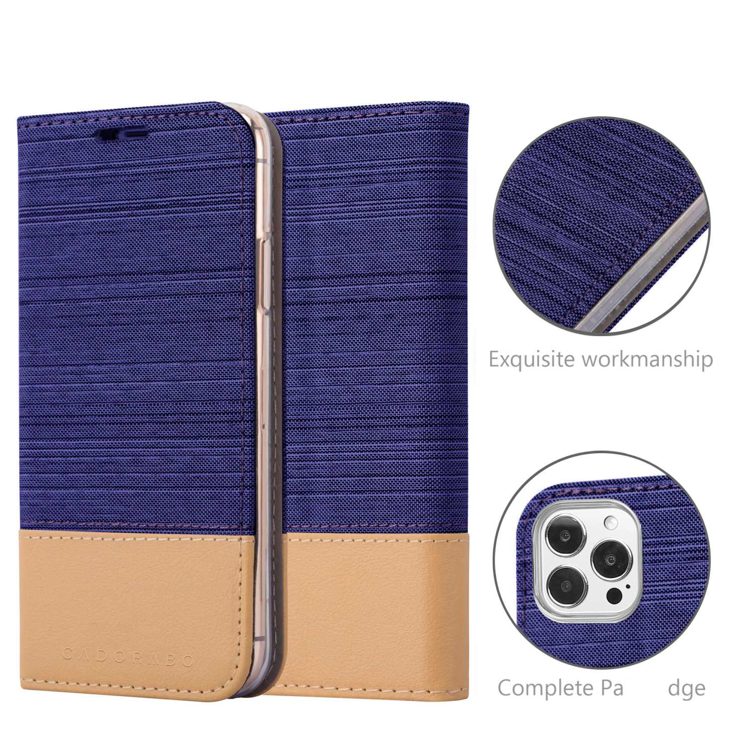 Blau-beige Handyhülle. Eine offene Hülle zeigt ein Telefon. Nahaufnahmen heben die Verarbeitung hervor.
