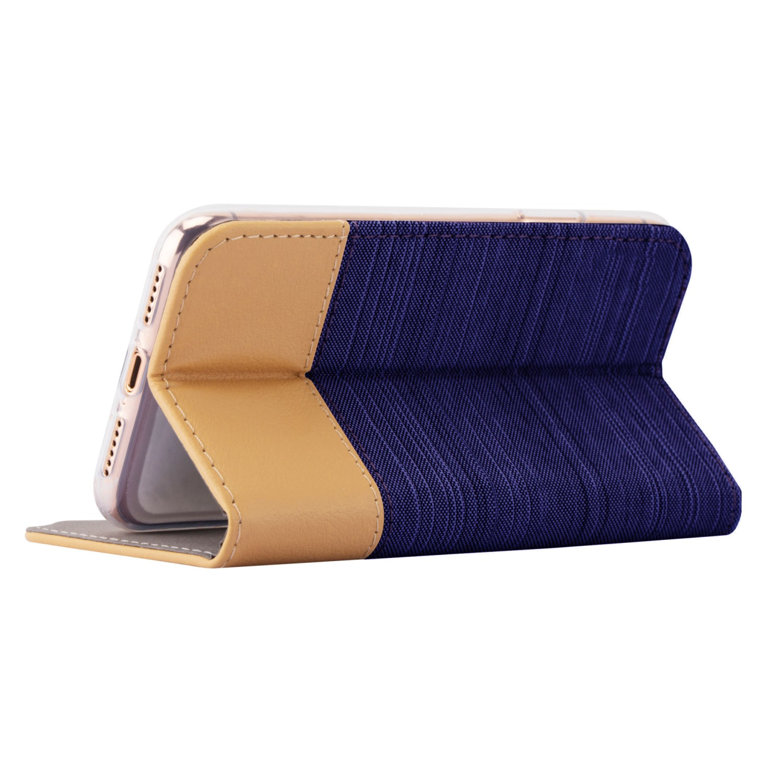 Handyhülle, halb geöffnet, mit Telefon. Sie hat ein beige-marineblaues Design.