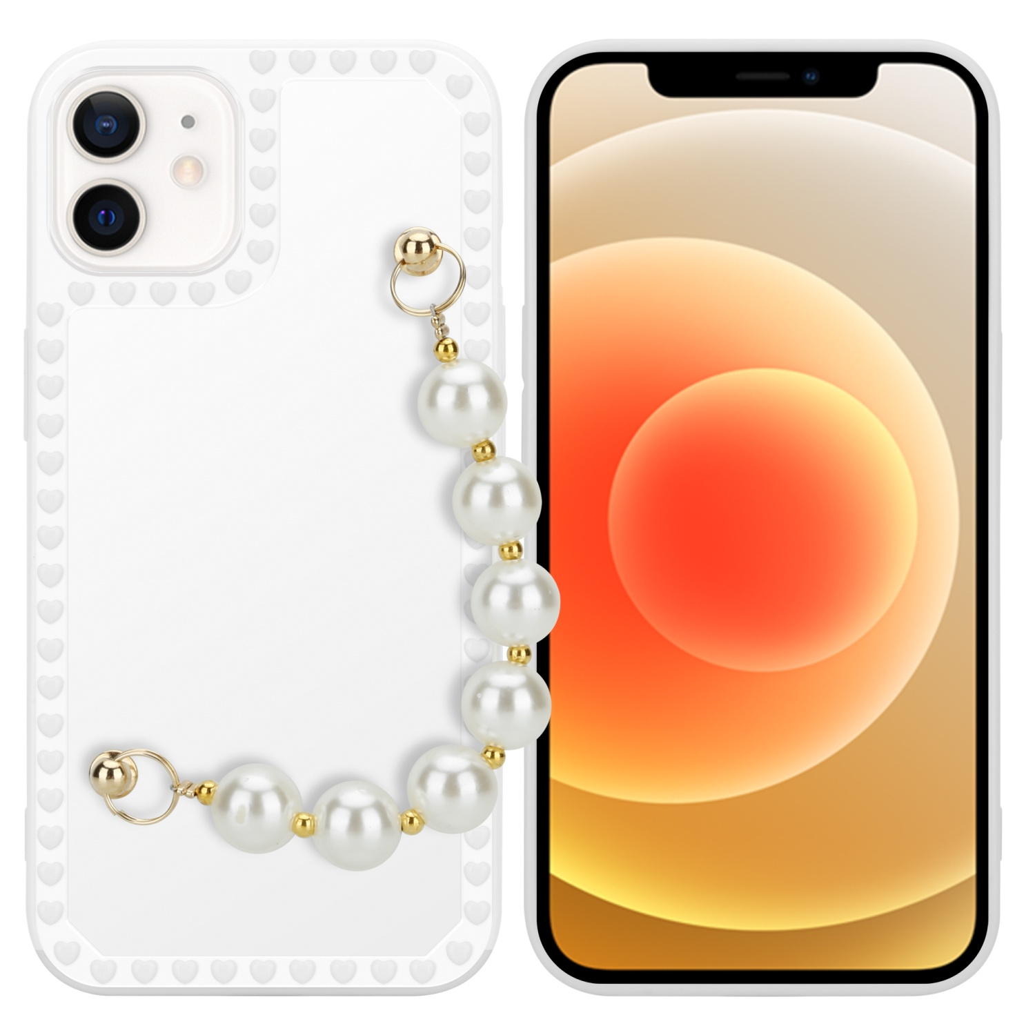 Weiße Handyhülle mit Herzen und Perlenarmband. Telefon zeigt einen Orangeton.
