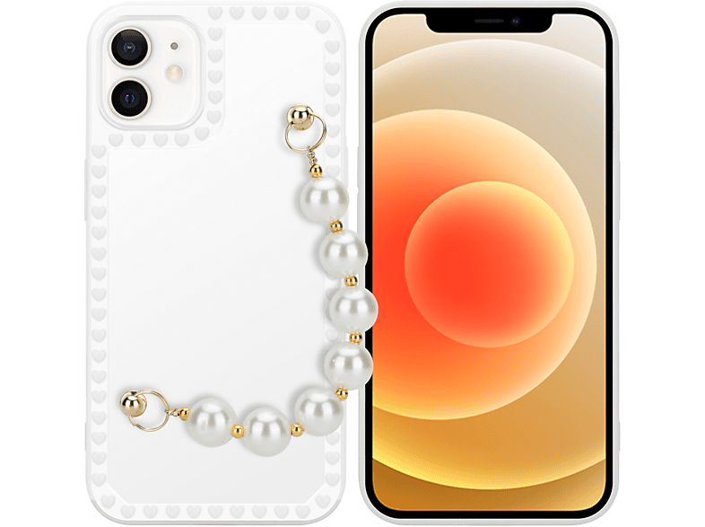 Weiß iPhone Apple, Perlen Schutzhülle 12, CADORABO Handgelenk mit mit Backcover, Kette,