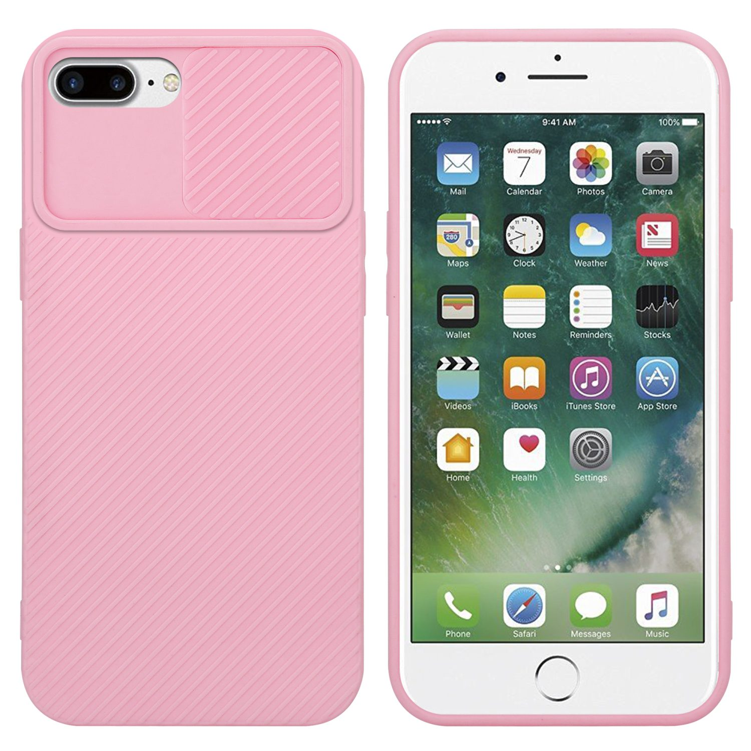 Rosa Handyhülle mit einem Telefon. Weißer Hintergrund.