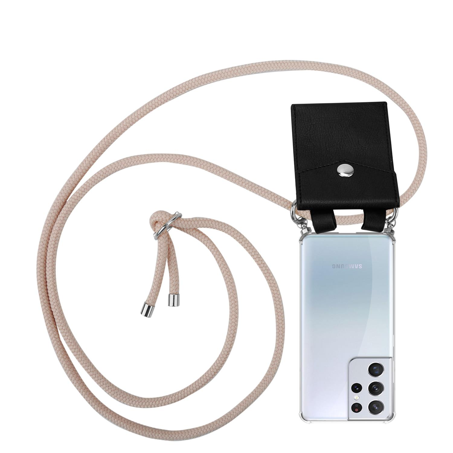 Handyhülle mit Lanyard. Telefon ist innen, mit schwarzem Kartenhalter.