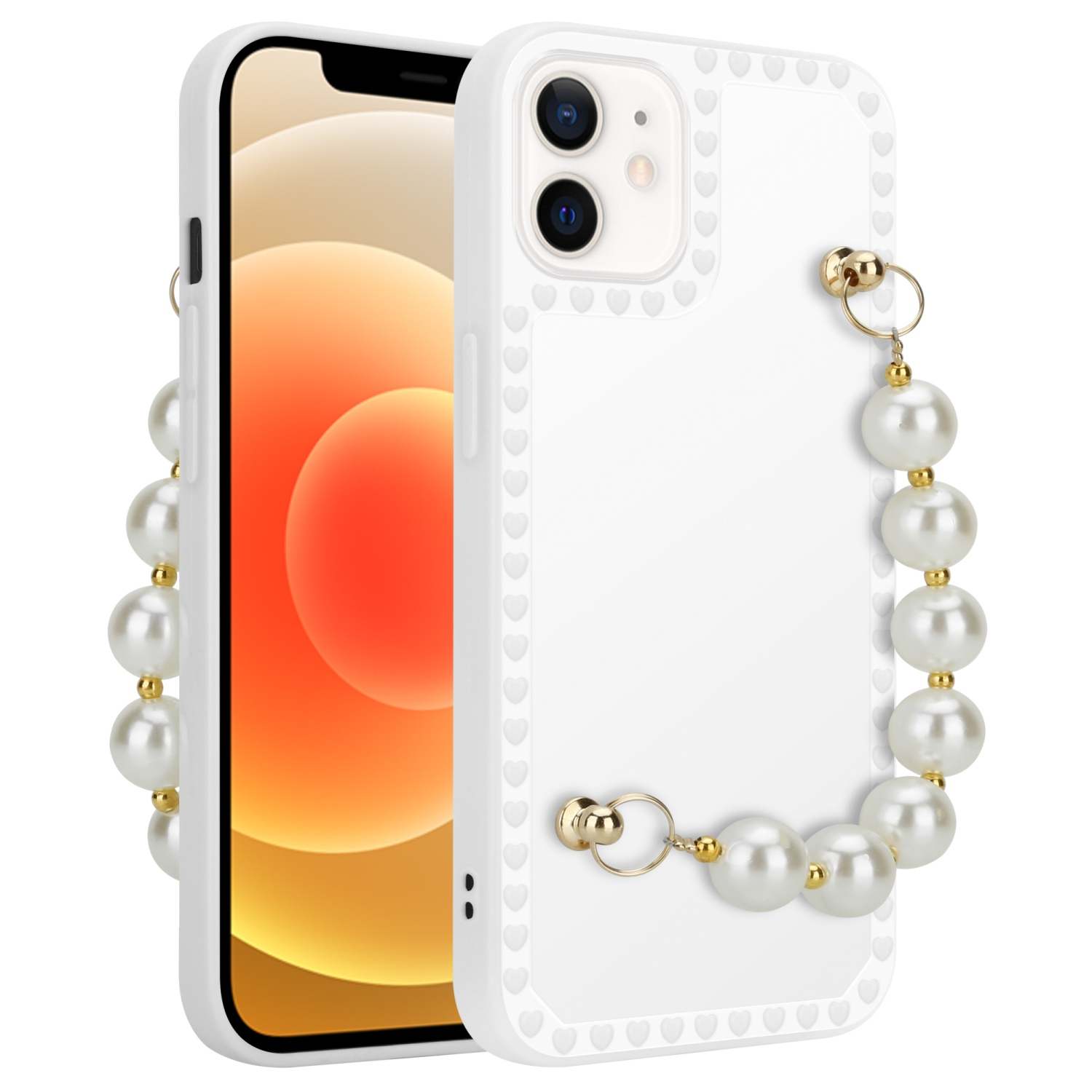 Weiß iPhone Apple, Perlen Schutzhülle 12, CADORABO Handgelenk mit mit Backcover, Kette,