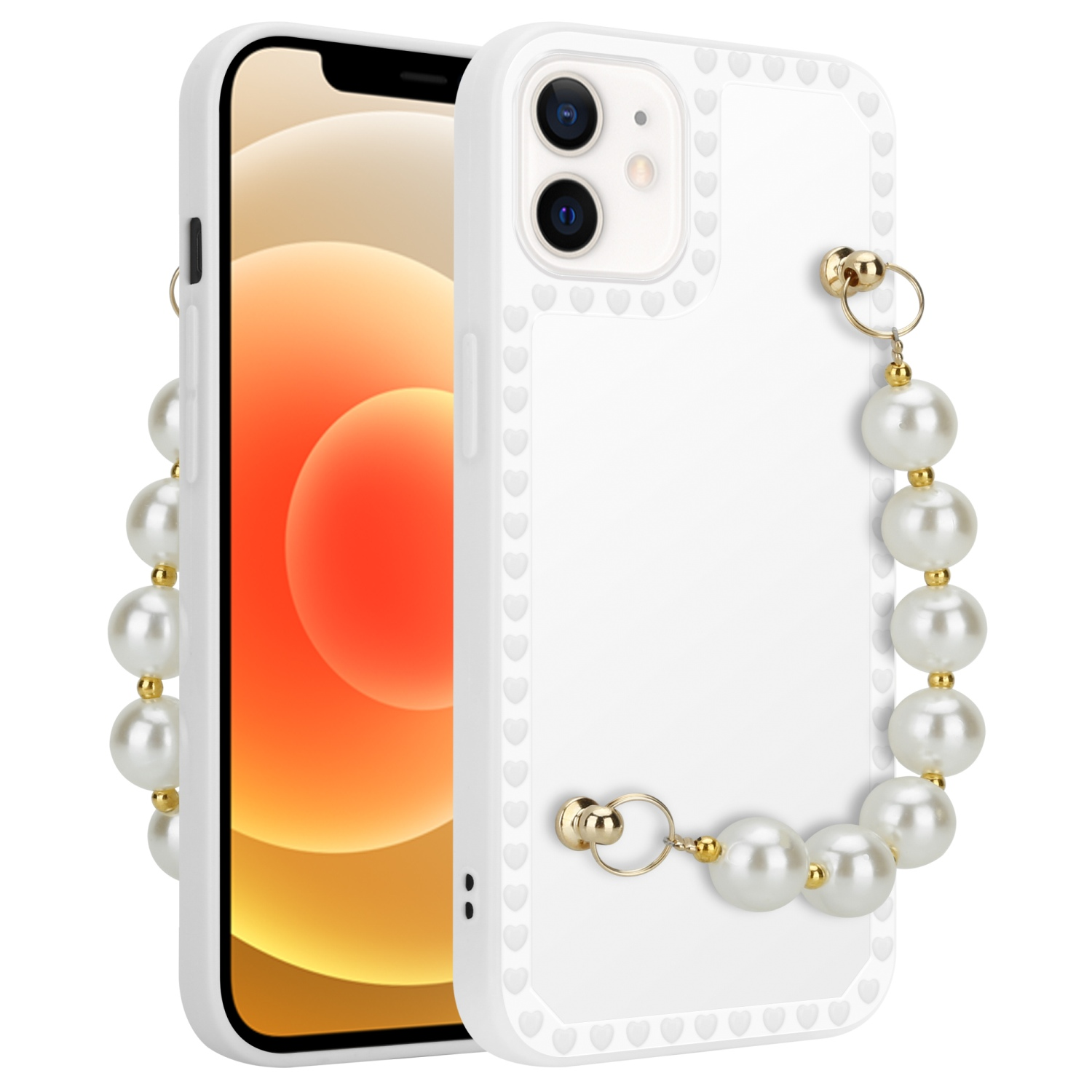 Weiße Handyhülle mit Perlen. Telefon darin. Perlenriemen befestigt. Weißer Hintergrund.