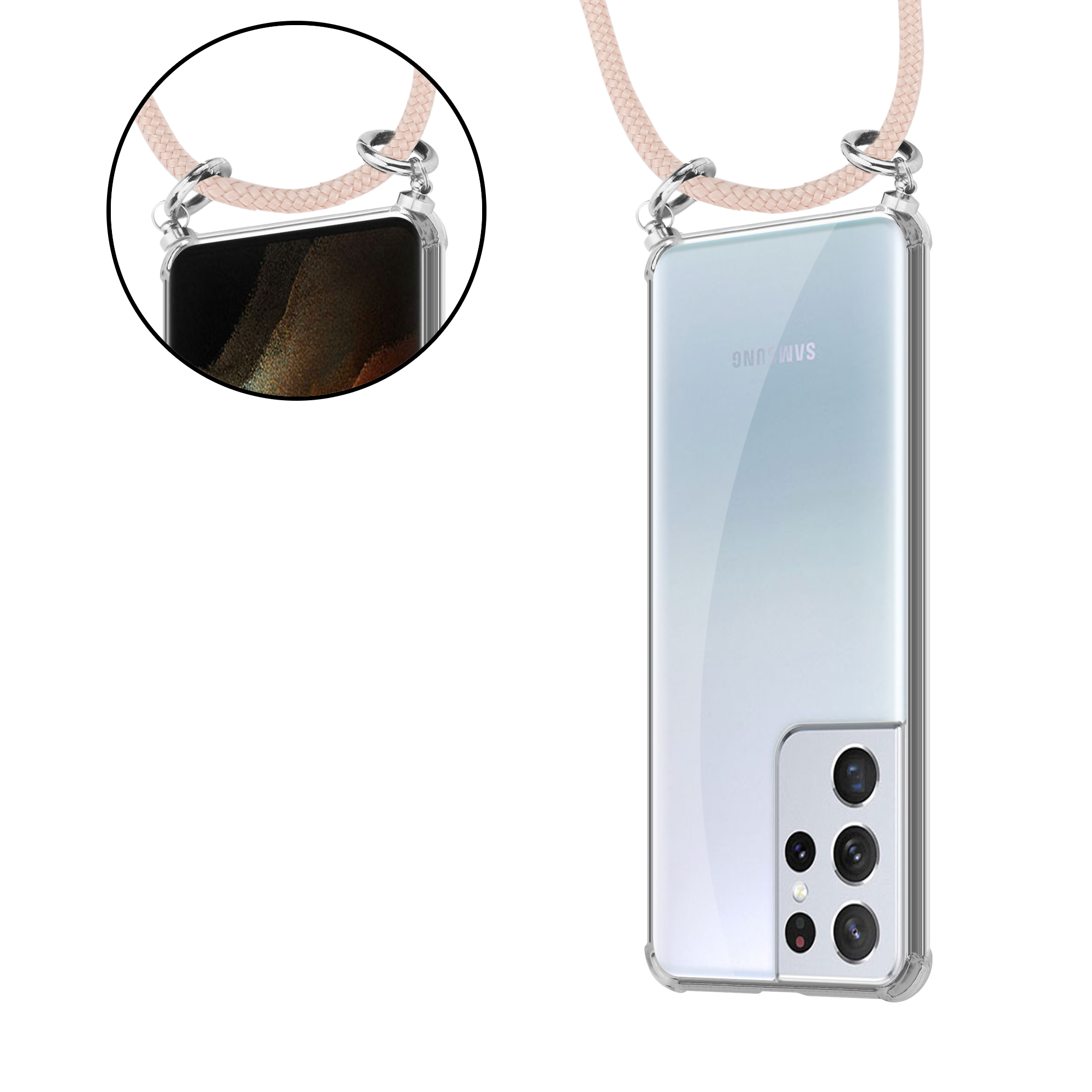 Telefon mit klarer Hülle und Lanyard. Nahaufnahme des Lanyards und der Kamera des Telefons.