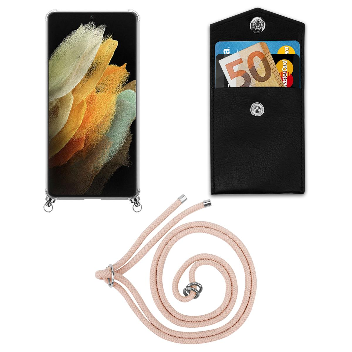 Handyhülle mit Telefon, Kordel und Tasche mit Geld und Karten. Weißer Hintergrund.
