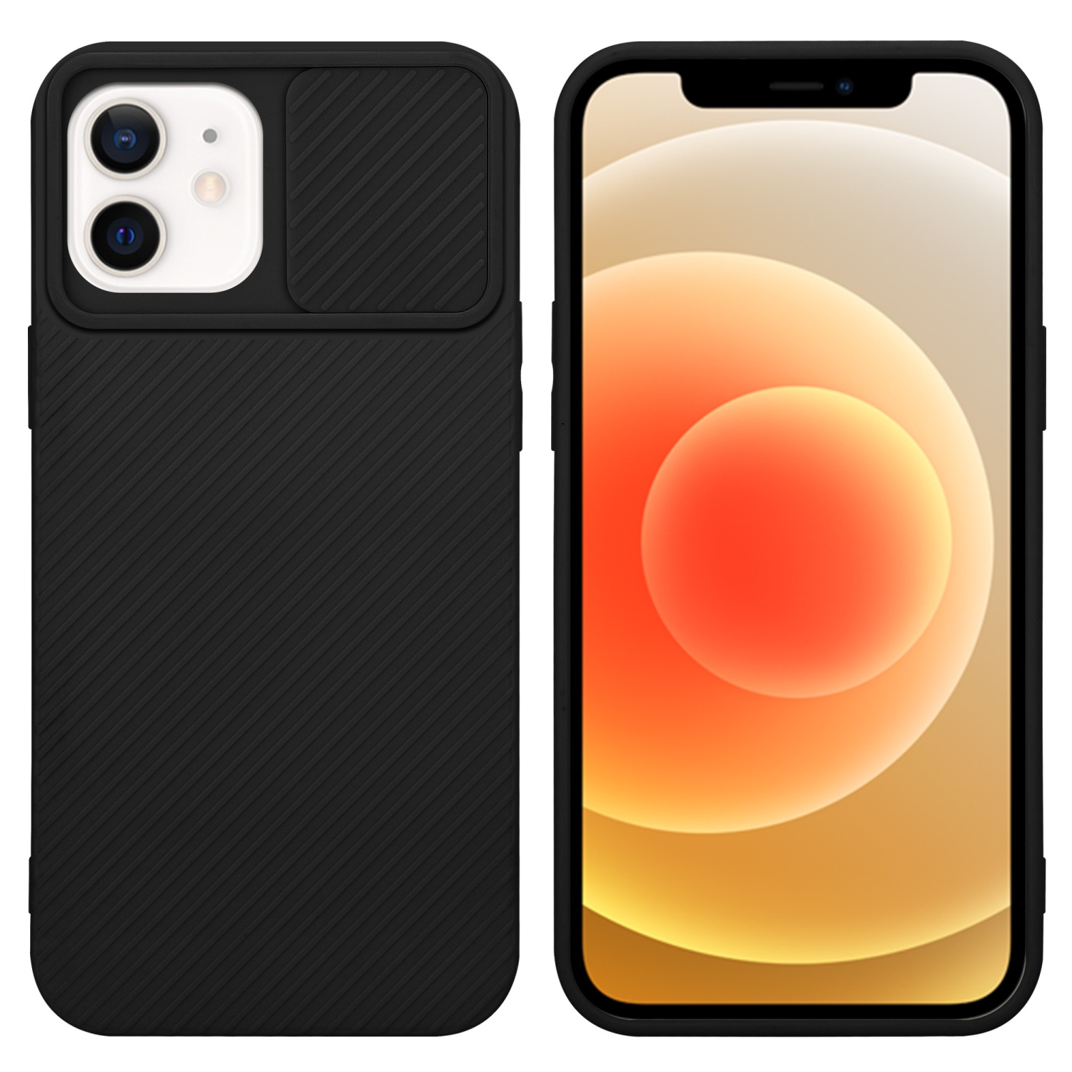 Schwarzes Telefon mit Kameraabdeckung und einem Bildschirm mit farbenfrohem Hintergrund.