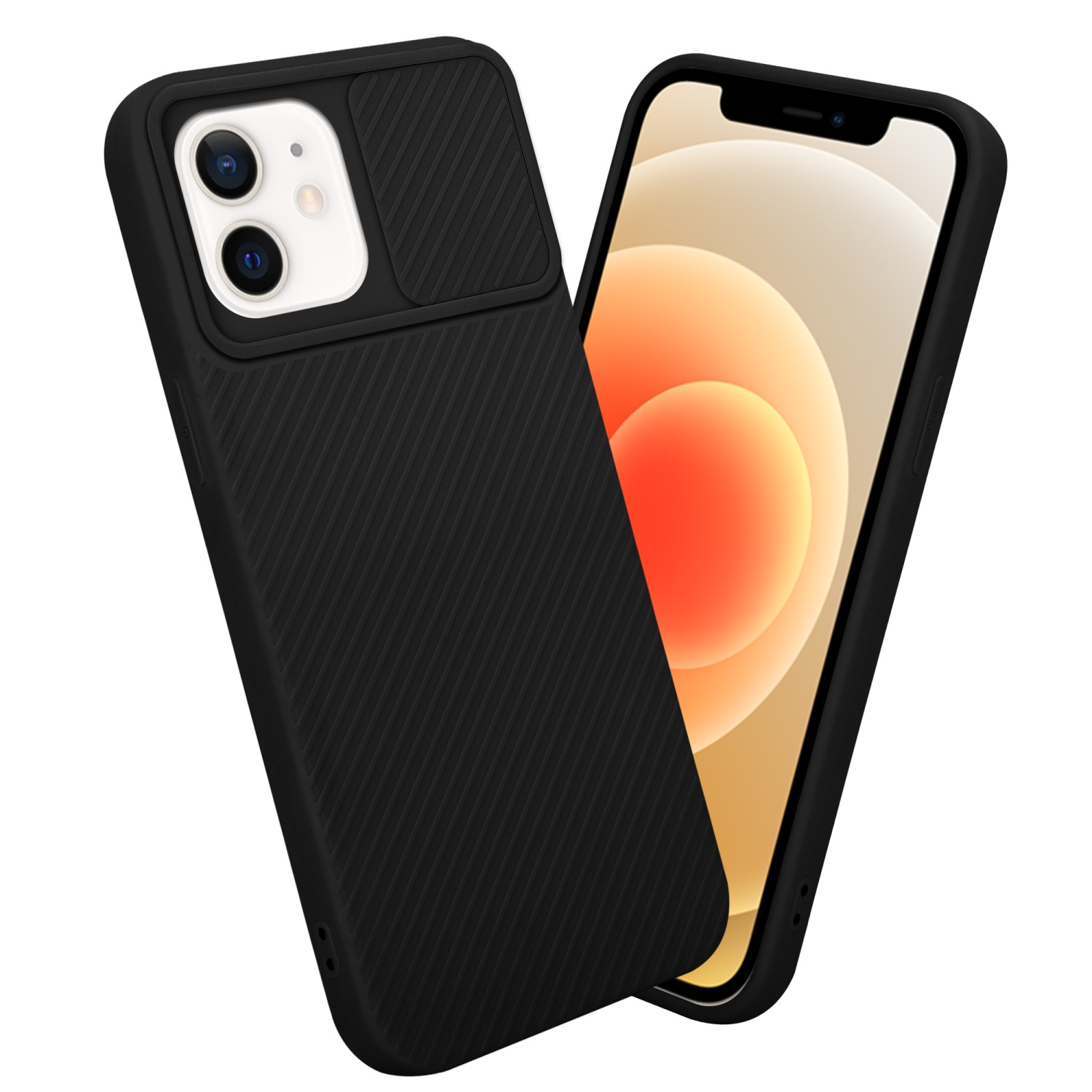 Zwei schwarze Handyhüllen, eine mit einem Telefon darin. Die Hüllen haben einen Kameraschieber.