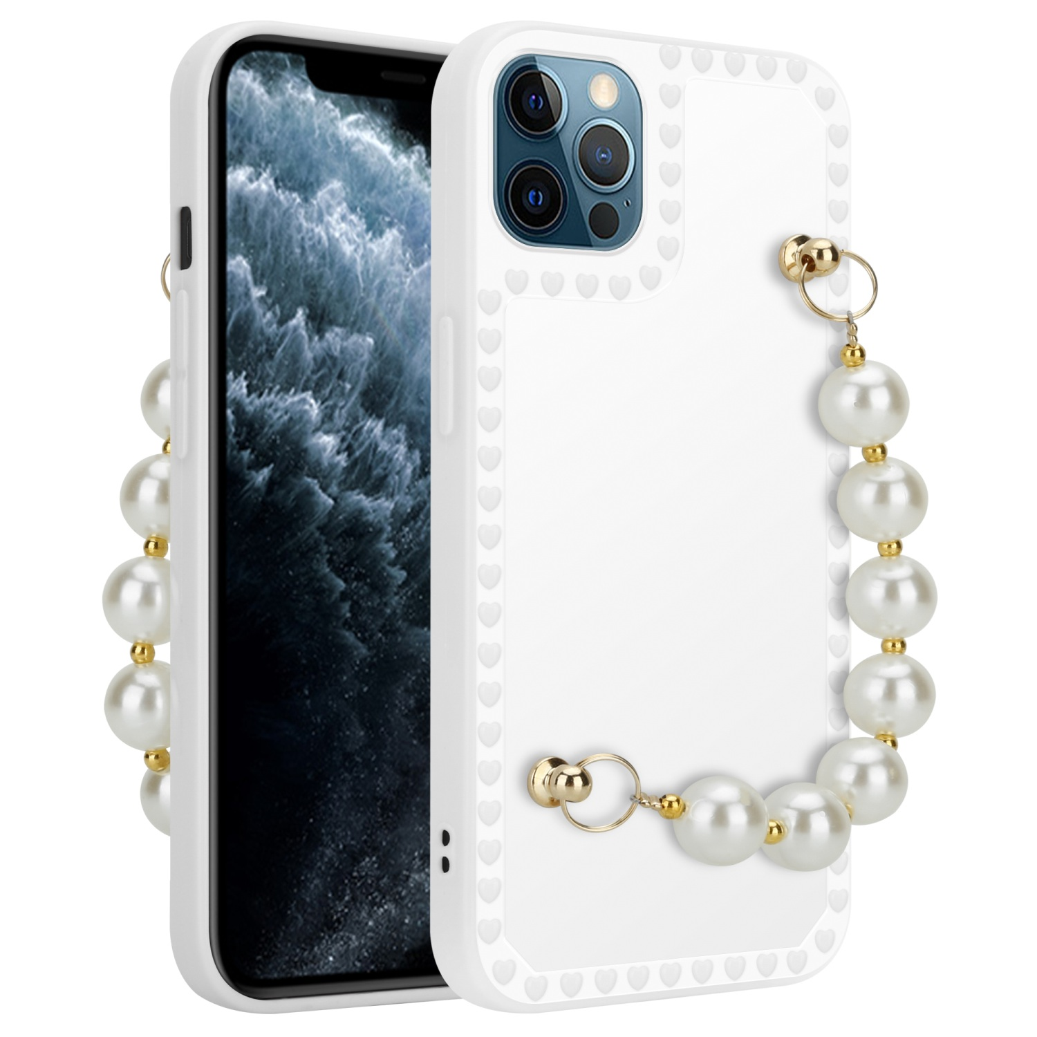 Weiße Handyhülle mit Perlenband. Die Hülle hat ein Herzdesign an den Seiten und ein Telefon darin.