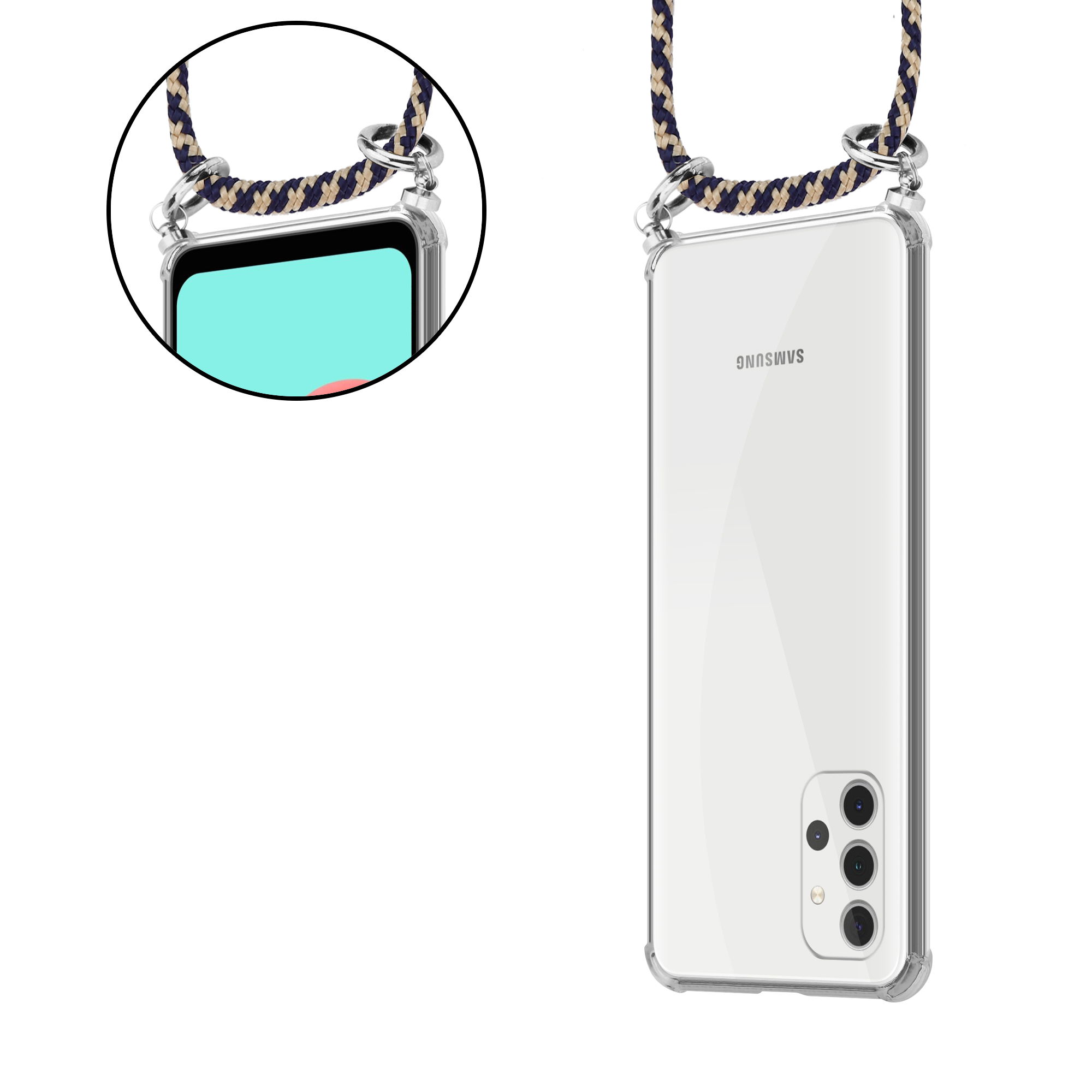 Transparente Handyhülle mit Telefon und geflochtenem Schlüsselband.