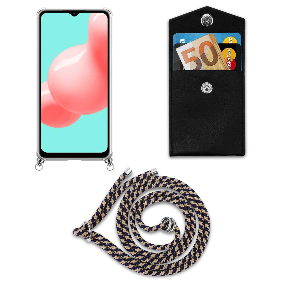 Telefon mit Riemen und Kartenhalter. Kartenhalter hat Geld und Karten.