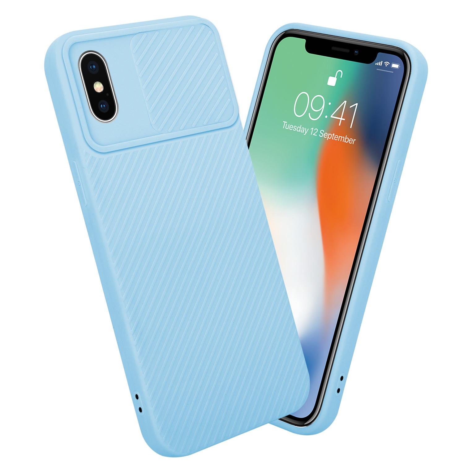 Hellblaue Handyhülle mit Kameraabdeckung und weißem Hintergrund. Das Handy ist zu sehen.
