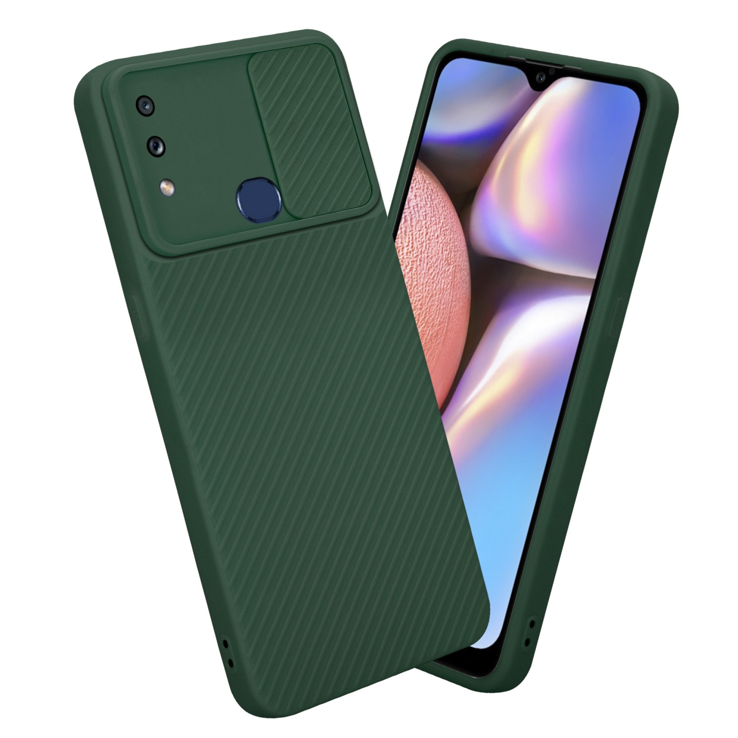 Handyhülle, grün mit Kameraabdeckung und Telefonbildschirm.