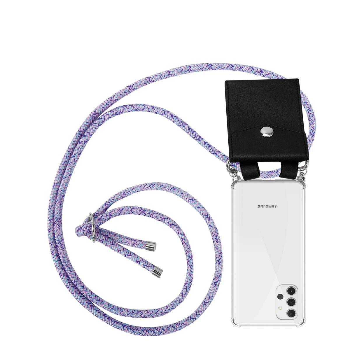 Telefon mit schwarzer Hülle und lila Seil. Das Telefon ist in einer schwarzen Hülle.
