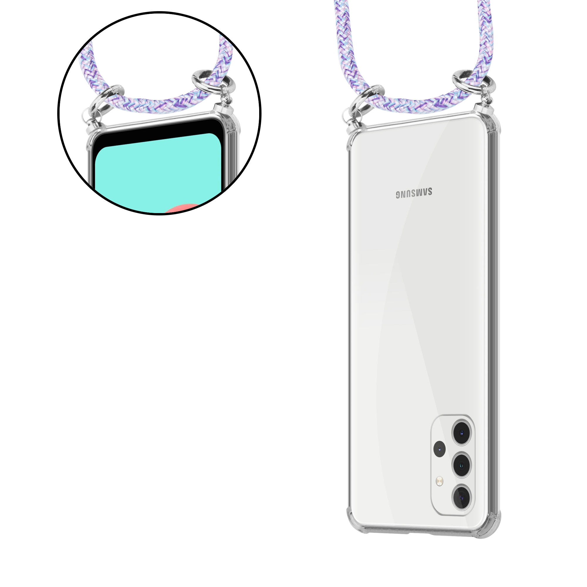Telefon mit Hülle und Nackengurt. Telefon ist transparent. Nackengurt ist lila. Der Hintergrund ist weiß.