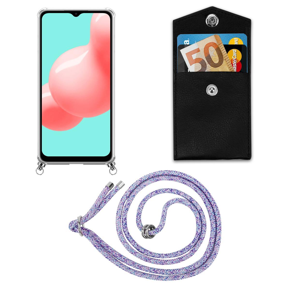 Telefon mit Hülle und Lanyard. Die Hülle hat eine Kartenhalterung und eine Mastercard-Karte.