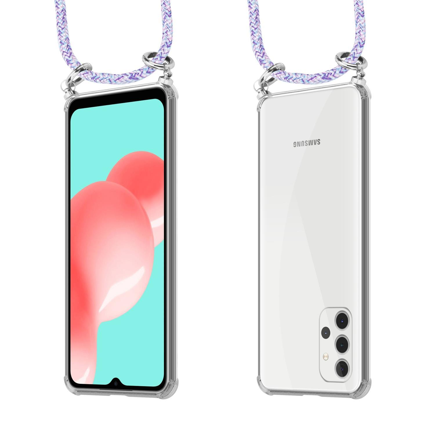 Ein Telefon mit Lanyard-Hülle, rosa Hintergrund.