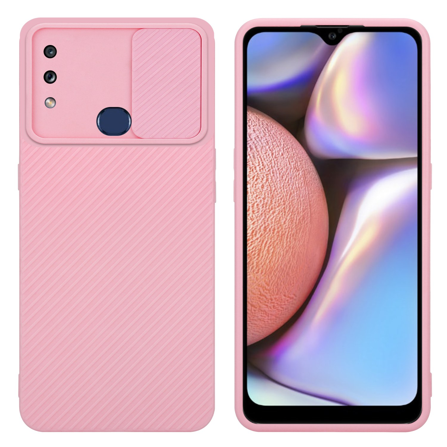 Eine rosa Handyhülle mit Kameraausschnitt links und einem sichtbaren Handy rechts.