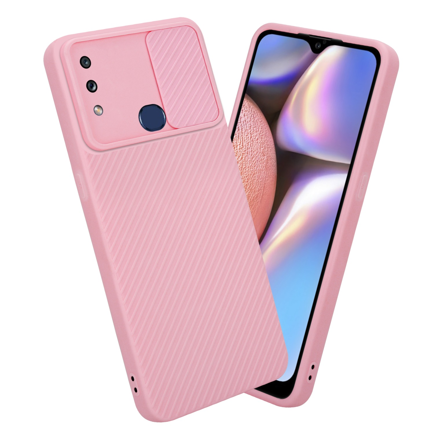 Rosa Handyhülle mit Telefon und Kameraabdeckung. Das Telefon ist geneigt.