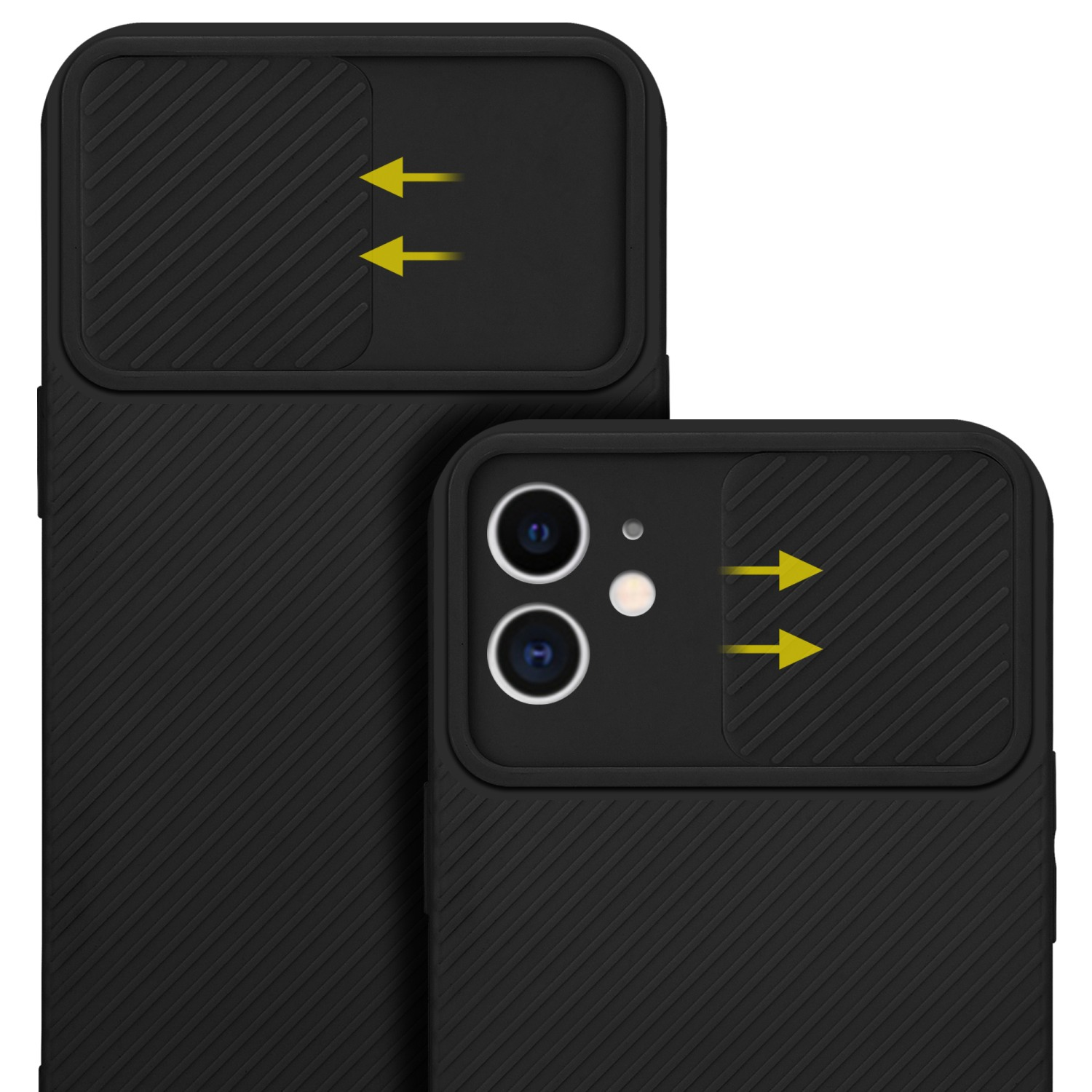 Due custodie nere per telefono con coperture per fotocamera. Frecce che puntano agli obiettivi della fotocamera.