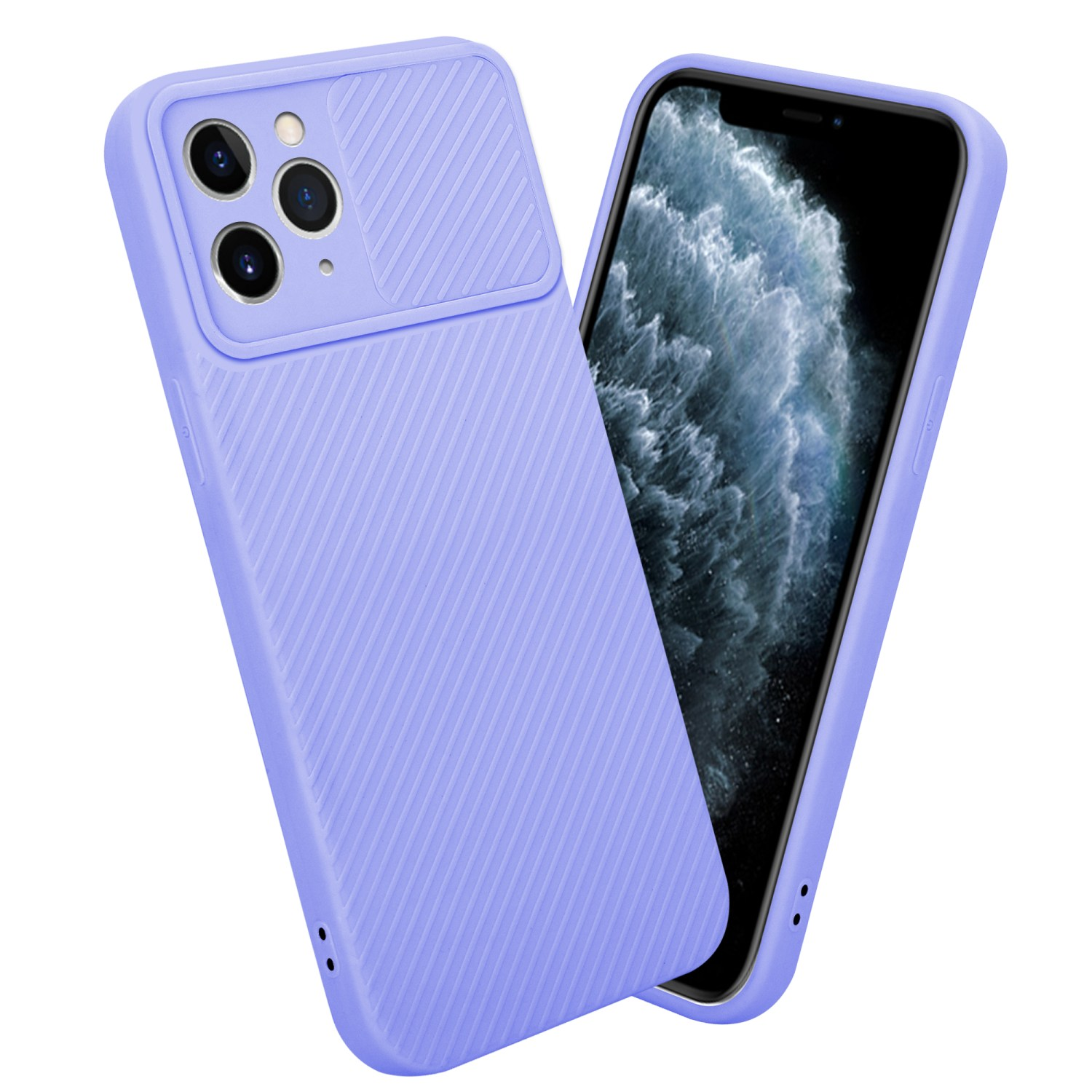 Eine lilafarbene Handyhülle mit Kameraabdeckung und ein Telefon darin. Es hat ein geripptes Design.