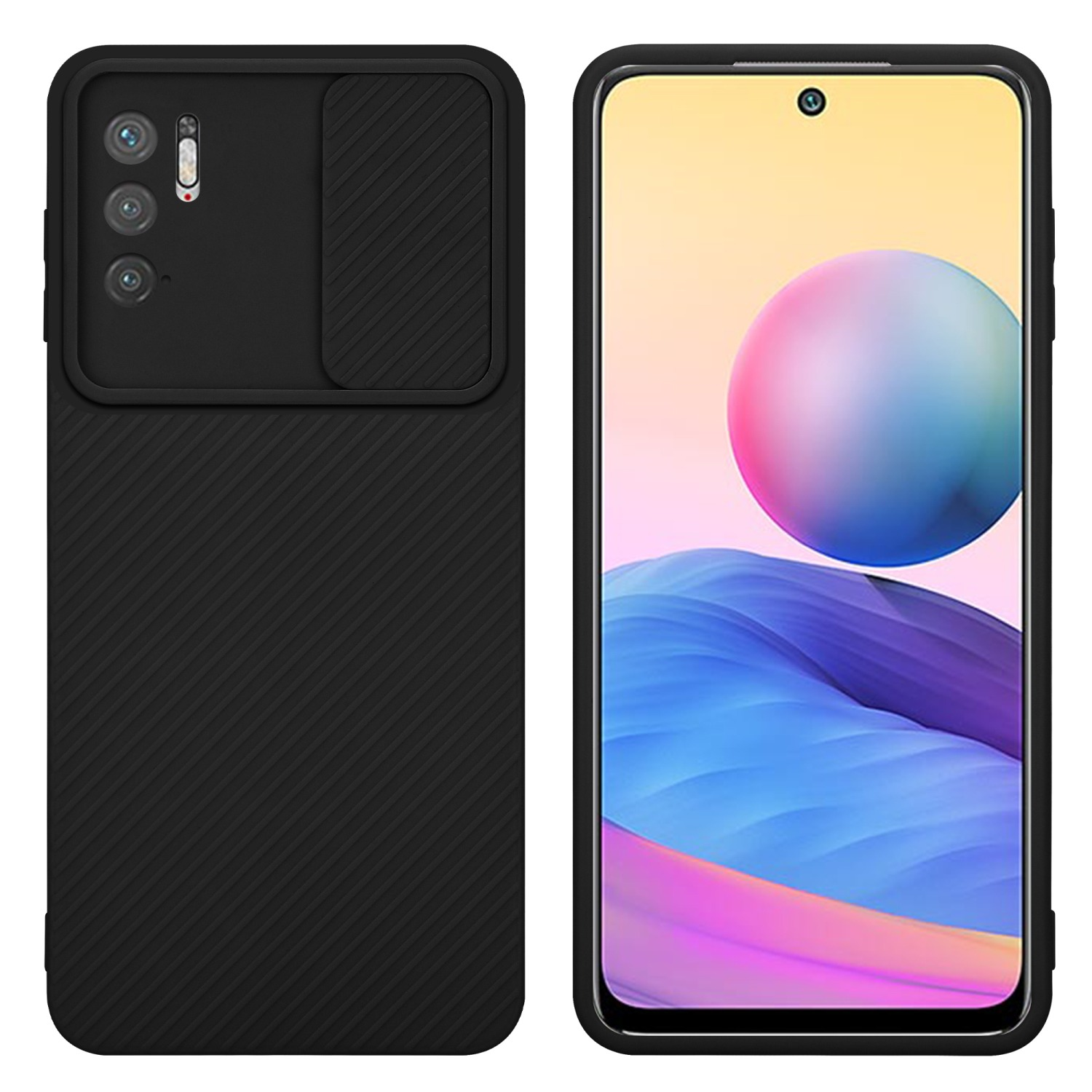 Schwarze Handyhülle mit Kameraabdeckung. Telefon mit farbigem Bildschirm. Weiß.