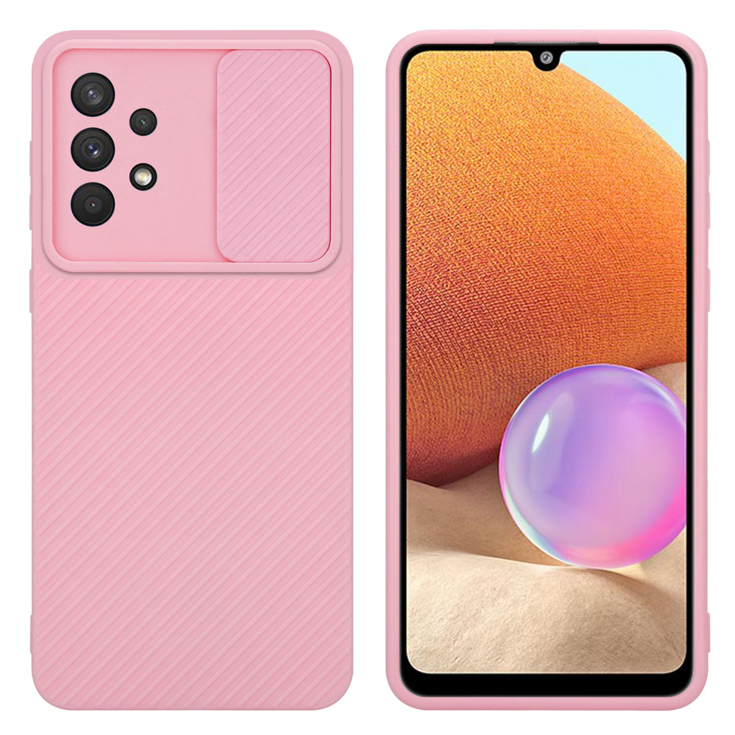 Rosa Handyhülle mit Kameraausschnitt und Telefonbildschirm auf weißem Hintergrund.