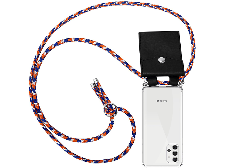 CADORABO Handy Kette mit Silber 5G, A32 Galaxy Backcover, abnehmbarer Kordel und BLAU Samsung, Hülle, Ringen, ORANGE Band WEIß