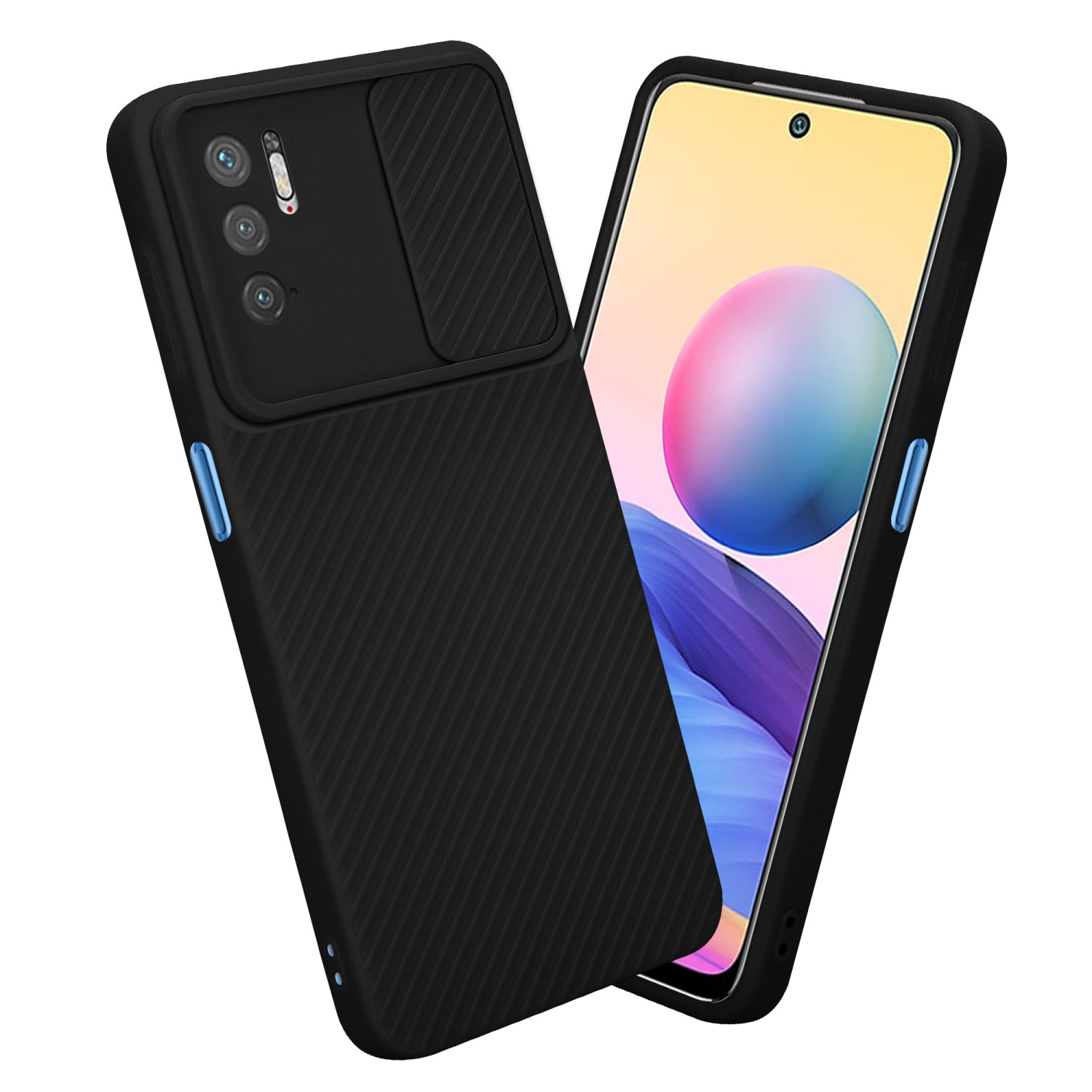 Schwarze Handyhülle, Telefon mit Bildschirm rechts. Kameraschutz auf der Hülle.