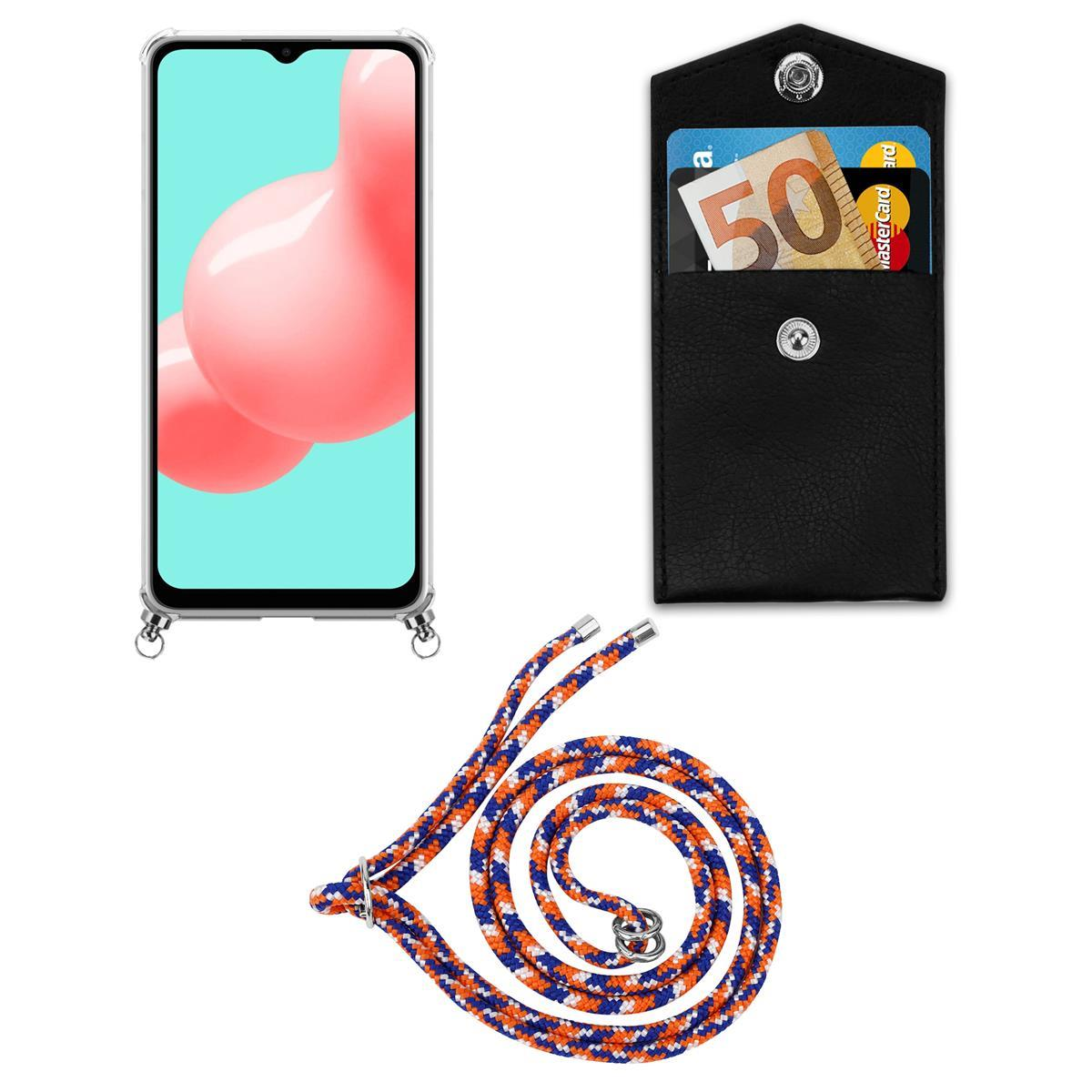 Telefon und Hülle mit Lanyard. Das Handy zeigt einen rosa-orangenen abstrakten Hintergrund.
