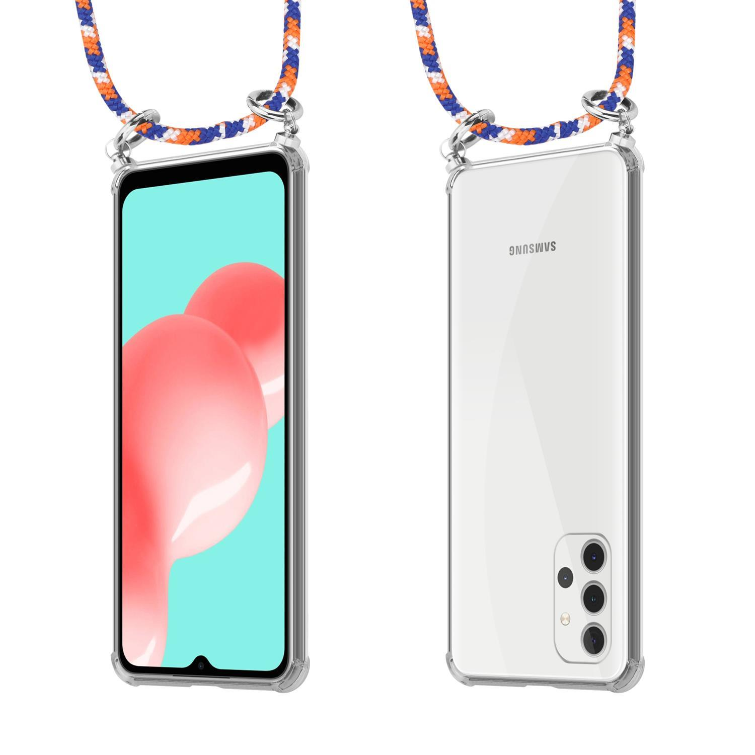 Zwei Telefone mit Hüllen und Nackenbändern. Eins hat pinken und roten Hintergrund. Das andere ist klar.