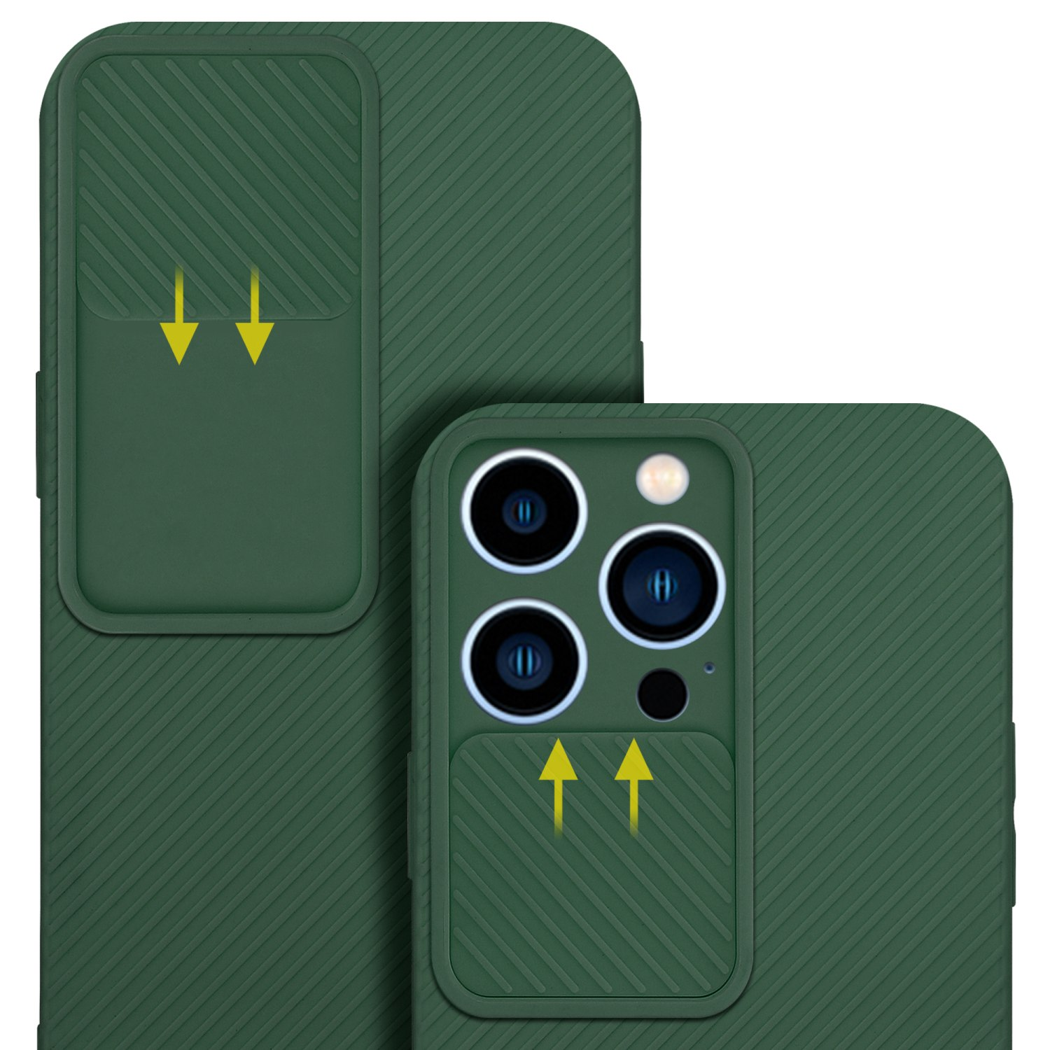 Primo piano di una custodia verde per telefono con ritagli per fotocamera e copertura scorrevole.