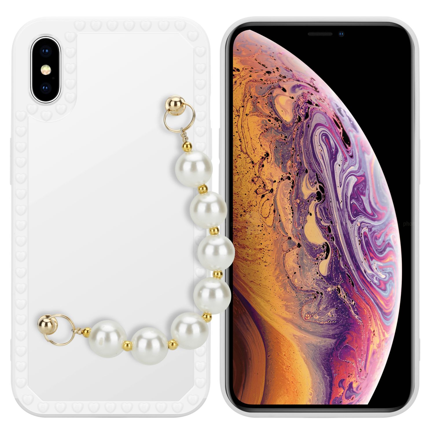 CADORABO Schutzhülle mit iPhone Handgelenk mit X Backcover, XS, / Perlen Weiß Apple, Kette